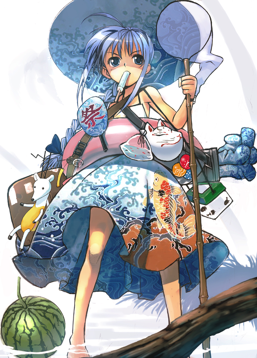 hirokiku, original, luggage, highres, 1girl, bag, barefoot, blue eyes, blue hair, braid, butterfly net, dress, female focus, fish, food, fox mask, fruit, hand fan, hand net, hat, innertube, long hair, mask, matching hair/eyes, mouth hold, paper fan, popsicle, solo, summer, swim ring, uchiwa, wading, water, watermelon, wind chime