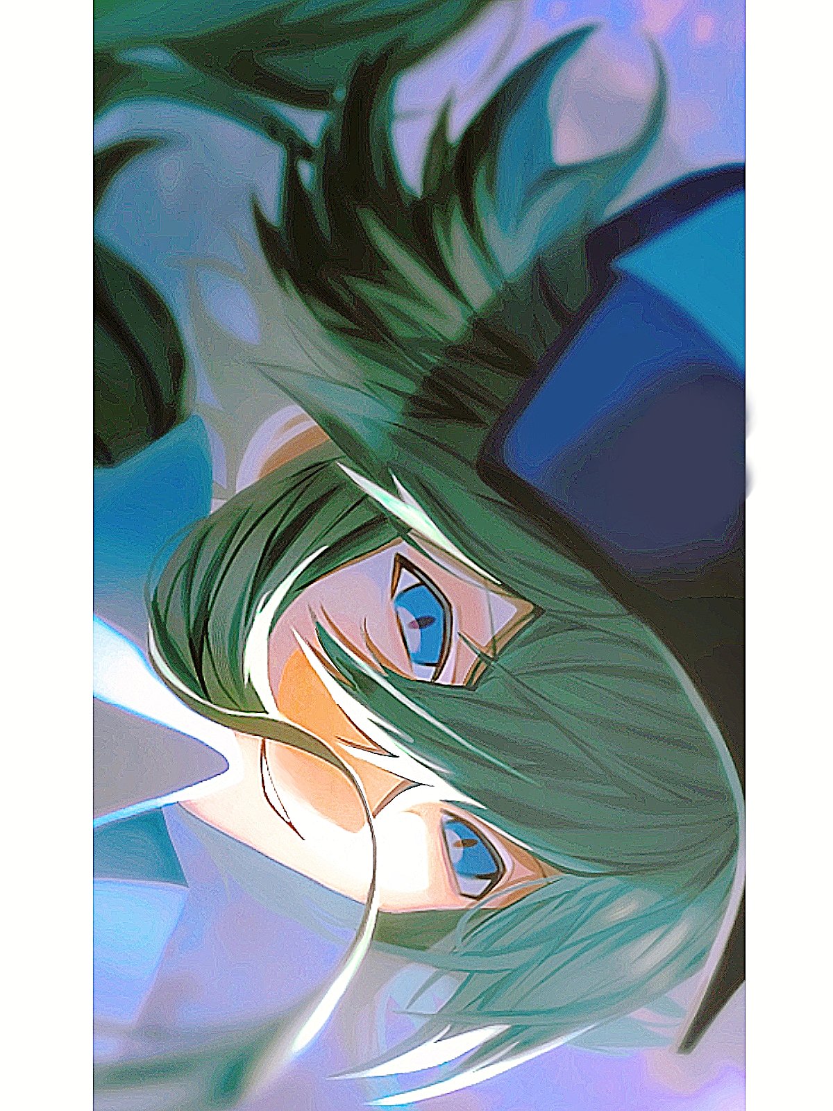 zero (sleepy meltan), n (pokemon), nintendo, pokemon, pokemon bw, commentary, highres, 1boy, baseball cap, blue eyes, double-parted bangs, floating hair, green hair, hair between eyes, hat, male focus, parted lips, pillarboxed, sideways, slit pupils, smile, solo, teeth