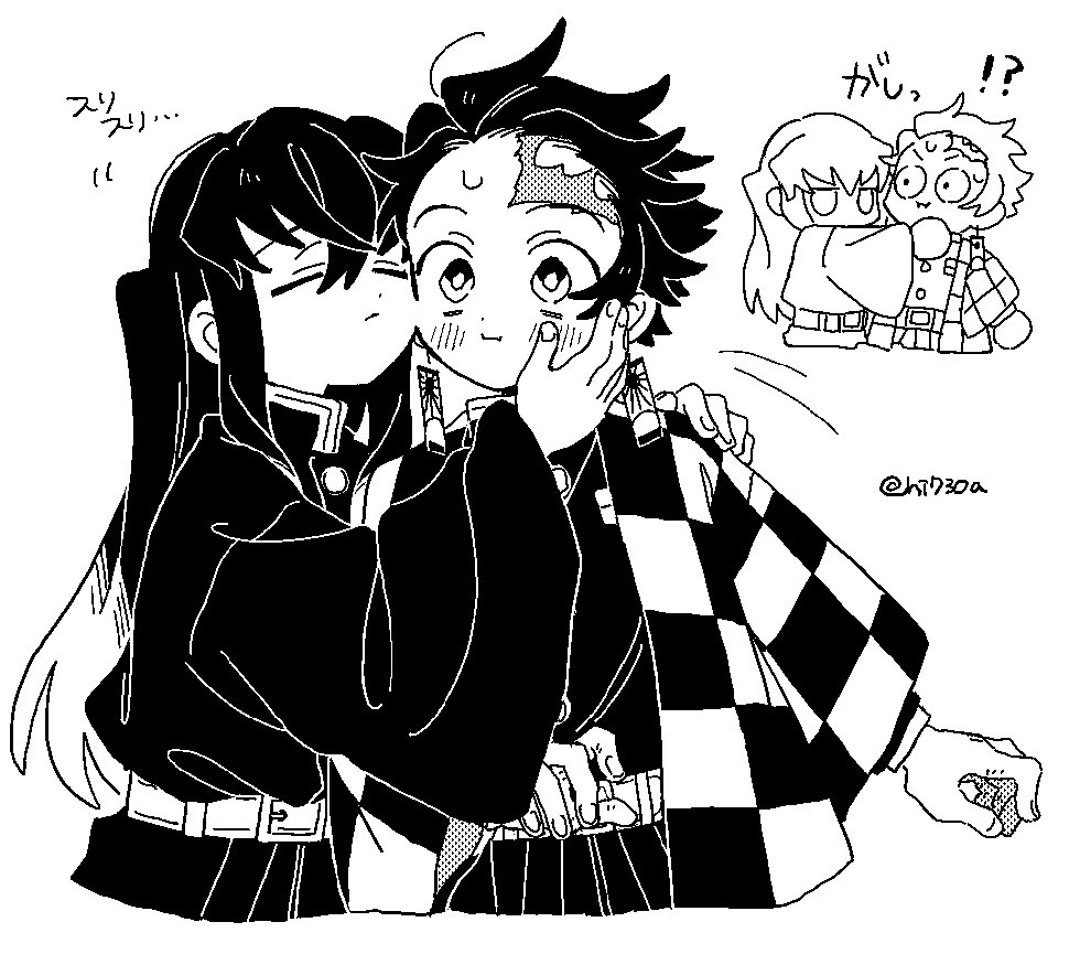 hi730a, kamado tanjirou, tokitou muichirou, kimetsu no yaiba, translation request, !?, 2boys, blush, buttons, checkered haori, closed eyes, closed mouth, demon slayer uniform, earrings, greyscale, hanafuda earrings, haori, high collar, japanese clothes, jewelry, long hair, male focus, monochrome, multiple boys, multiple views, short hair, simple background, twitter username, upper body, white background, yaoi