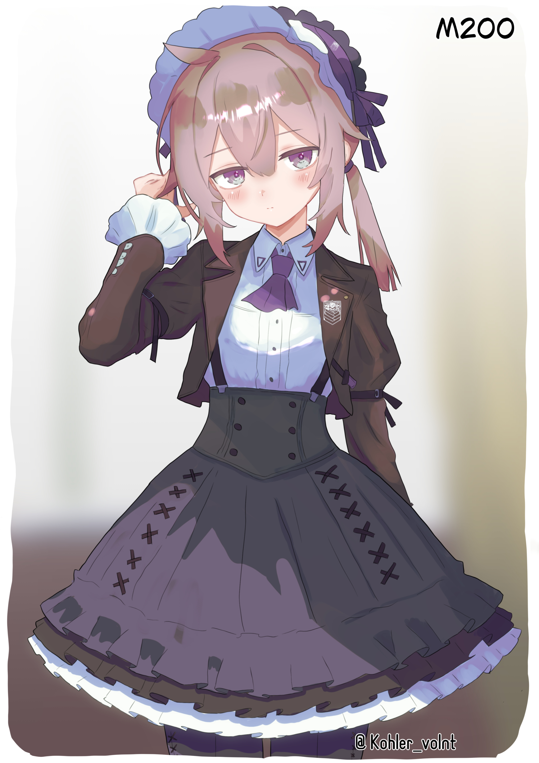 tesura (teslamk2), m200 (girls' frontline), girls' frontline, absurdres, commentary request, highres, 1girl, adapted costume, artist name, ascot, black skirt, brown hair, brown jacket, character name, closed mouth, collared shirt, griffin & kryuger logo, hair between eyes, jacket, lolita fashion, looking at viewer, open clothes, open jacket, purple ascot, purple eyes, purple headdress, shirt, simple background, skirt, solo, twitter username, white shirt