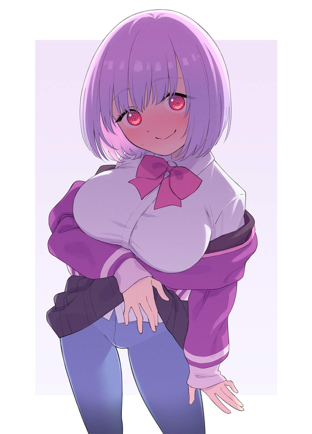 ukokkei, shinjou akane, gridman universe, ssss.gridman, highres, large variant set, variant set, 1girl, blue pantyhose, blush, bob cut, breasts, closed mouth, clothes lift, collared shirt, cowboy shot, jacket, large breasts, lifting own clothes, looking at viewer, panties, panties under pantyhose, pantyhose, pink hair, pleated skirt, purple jacket, red eyes, school uniform, shirt, short hair, skirt, skirt lift, smile, solo, standing, sweatdrop, underwear, untucked shirt, white shirt