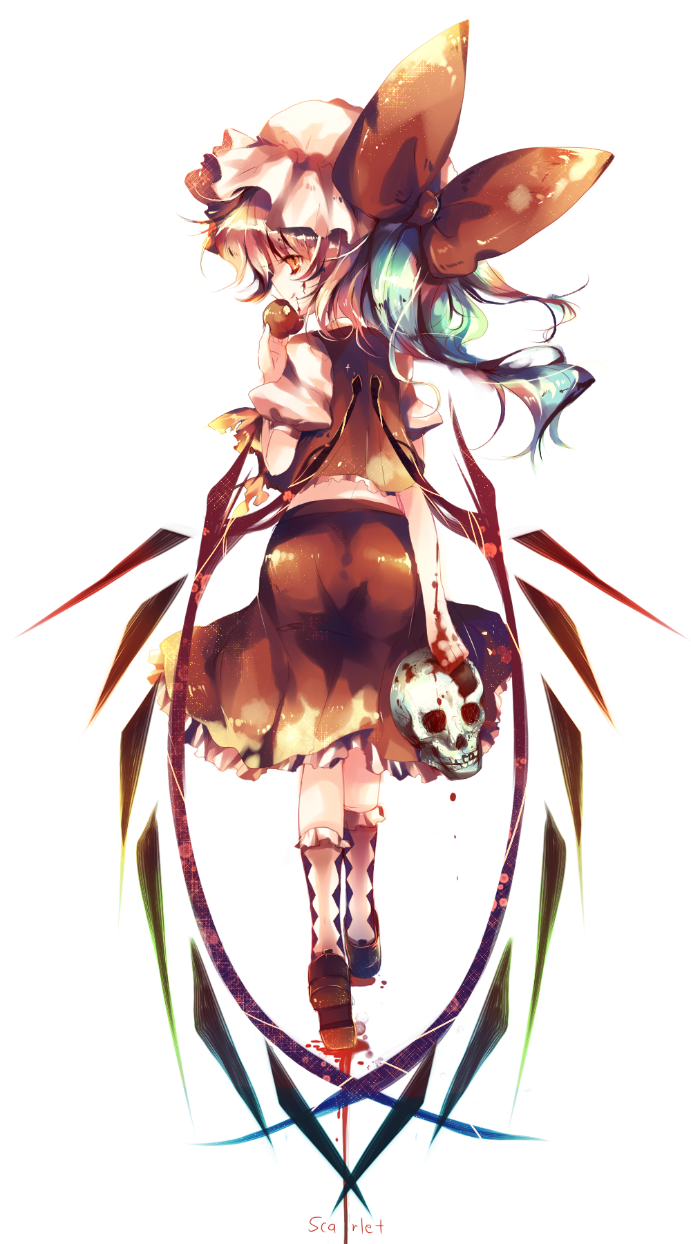 kirero, flandre scarlet, touhou, highres, 1girl, apple, blonde hair, blood, eating, female focus, food, fruit, hat, looking back, short hair, skirt, skull, solo, wings