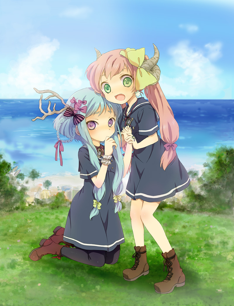 kona, kona (canaria), original, bad id, bad pixiv id, 2girls, blue hair, blush, boots, child, embarrassed, green eyes, hair ribbon, holding hands, horns, kneeling, long hair, multiple girls, ocean, pantyhose, pink hair, purple eyes, ribbon, school uniform, skirt