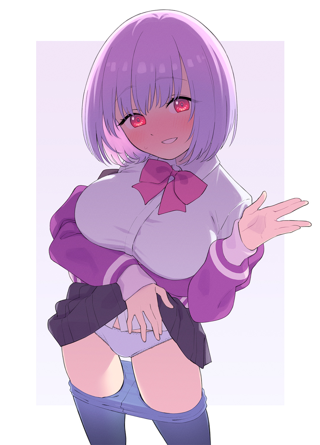 ukokkei, shinjou akane, gridman universe, ssss.gridman, highres, large variant set, variant set, 1girl, blue pantyhose, blush, bob cut, breasts, clothes lift, clothes pull, collared shirt, cowboy shot, hand up, jacket, large breasts, lifting own clothes, looking at viewer, panties, panties under pantyhose, pantyhose, pantyhose pull, pink hair, pleated skirt, purple jacket, red eyes, school uniform, shirt, short hair, skirt, skirt lift, smile, solo, standing, sweatdrop, underwear, untucked shirt, white panties, white shirt