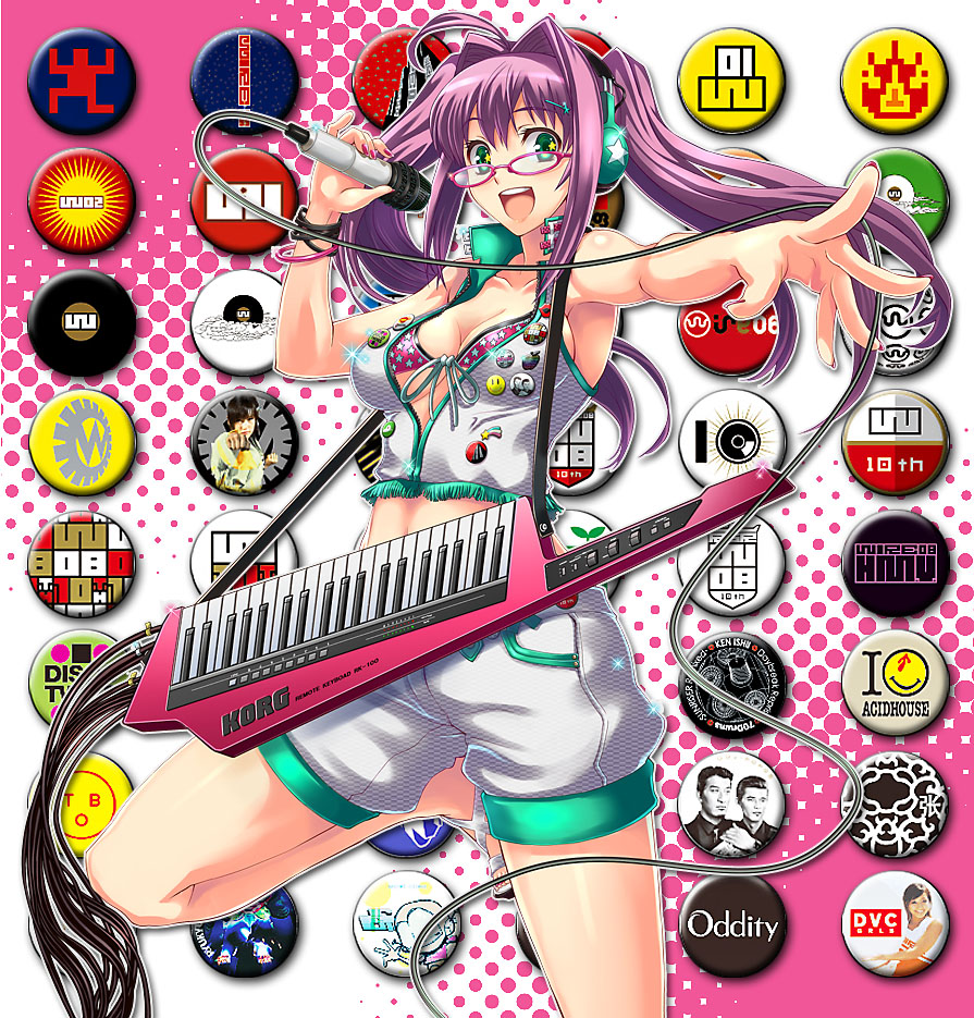 shike naoto, 1girl, badge, bikini, bikini top only, breasts, button badge, fashion, female focus, glasses, green eyes, instrument, keytar, large breasts, long hair, microphone, midriff, music, purple hair, shorts, singing, solo, swimsuit