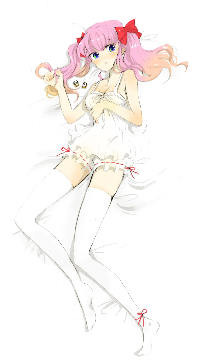 hiwari, haramura nodoka, saki (manga), bad id, bad pixiv id, highres, 00s, 1girl, bed, bloomers, blue eyes, blush, breasts, cleavage, female focus, lingerie, long hair, lying, medium breasts, negligee, pink hair, solo, thighhighs, twintails, underwear, white thighhighs