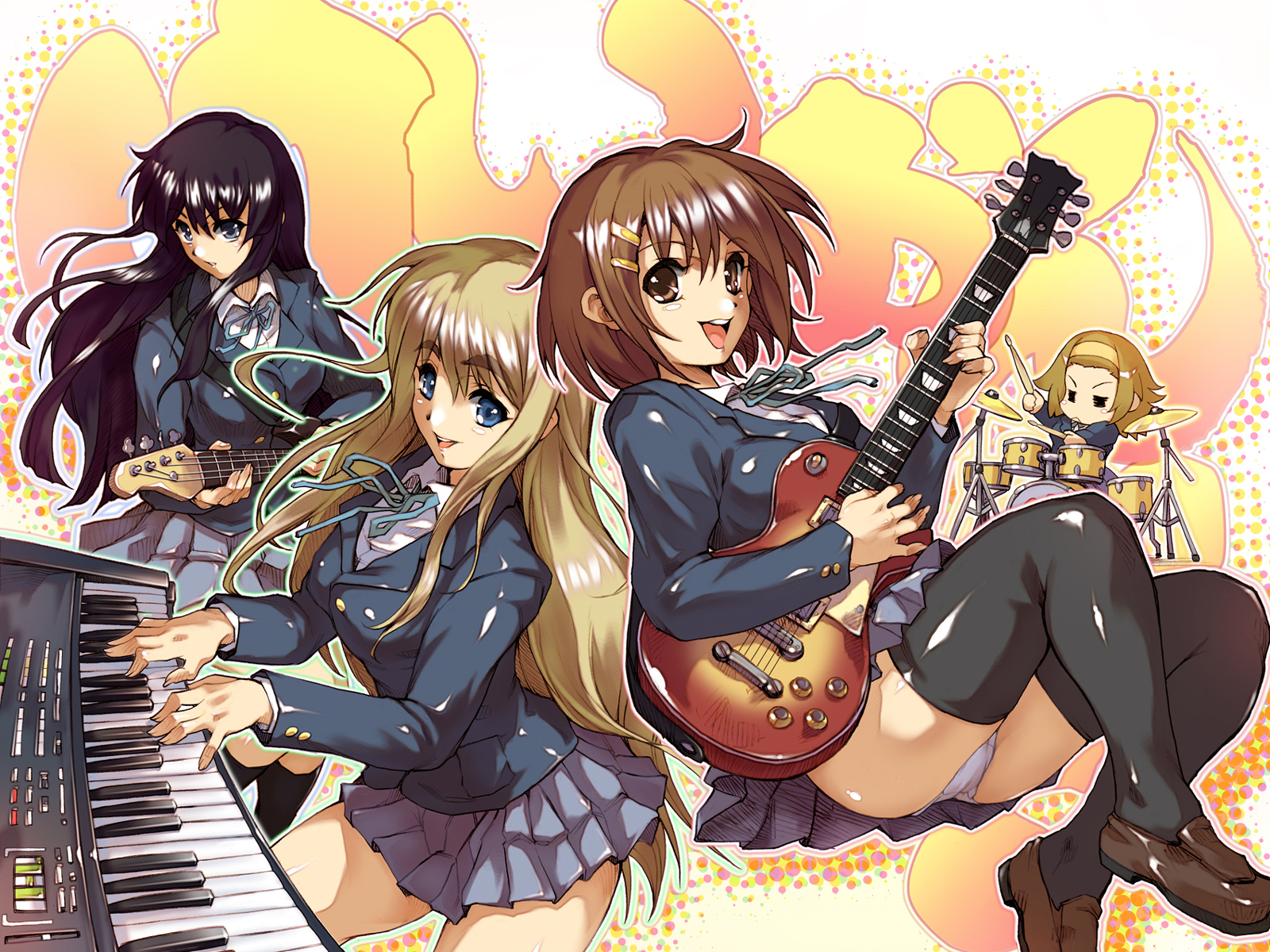 hisahiko, akiyama mio, hirasawa yui, kotobuki tsumugi, tainaka ritsu, k-on!, highres, 00s, 4girls, :<, = =, band (music), black eyes, black hair, blazer, blonde hair, blue eyes, brown eyes, brown hair, drum, drum set, electric guitar, gibson les paul, guitar, ho-kago tea time, instrument, jacket, long hair, multiple girls, panties, pantyshot, school uniform, short hair, synthesizer, thighhighs, underwear, upskirt