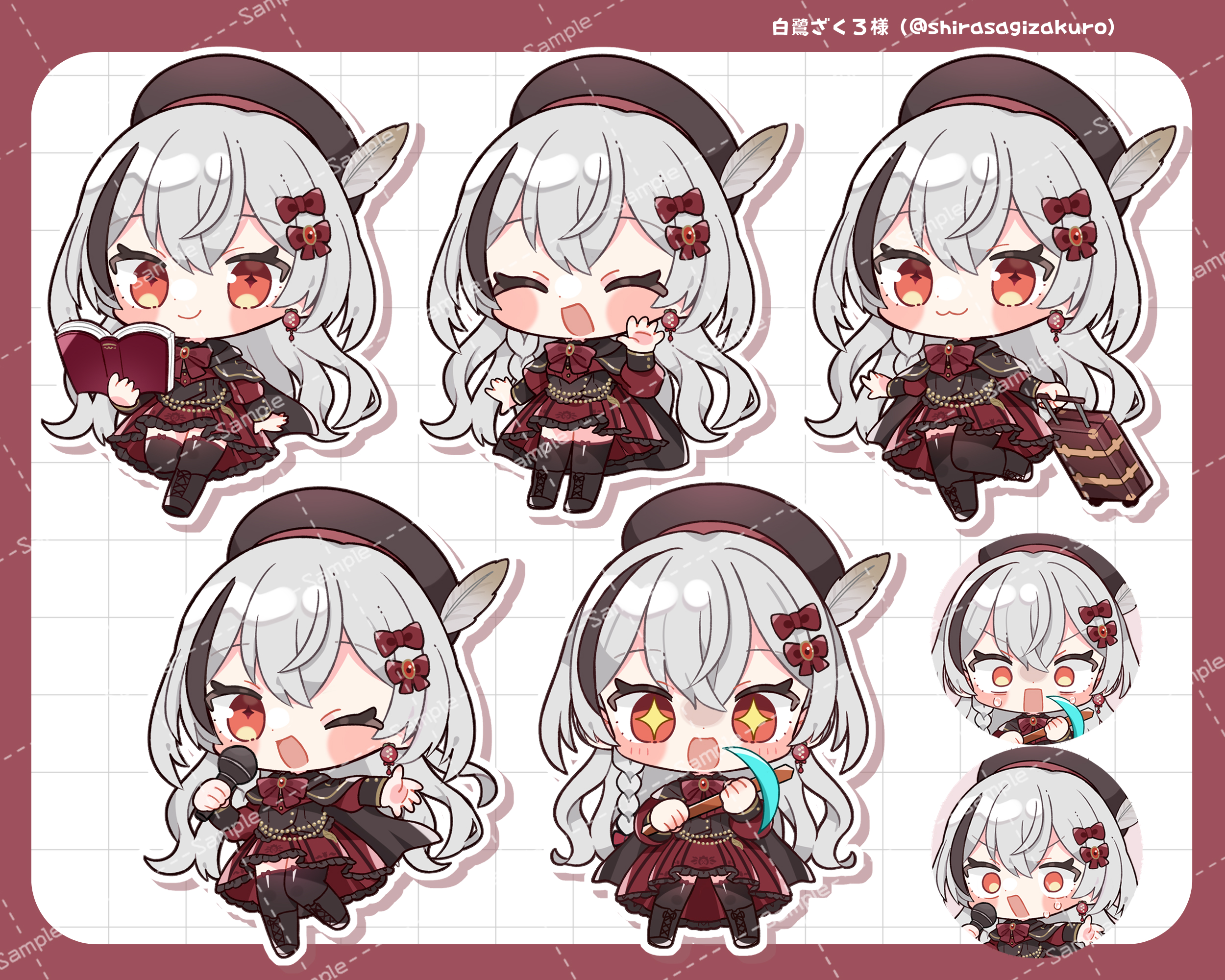 shirasagi zakuro, indie virtual youtuber, commentary request, highres, 1girl, :3, :d, ;d, black boots, black hair, black shirt, black thighhighs, blush stickers, boots, bow, bowtie, brown hat, character name, chibi, chibi only, closed mouth, egissi, frilled skirt, frills, full body, grey hair, hat, holding, holding pickaxe, holding suitcase, long hair, long sleeves, looking at viewer, multicolored hair, multiple views, one eye closed, open mouth, pickaxe, pleated skirt, red bow, red bowtie, red eyes, red skirt, sample watermark, shirt, skirt, smile, standing, standing on one leg, streaked hair, suitcase, thighhighs, twitter username, two-tone hair, virtual youtuber, watermark, watermark grid, white background