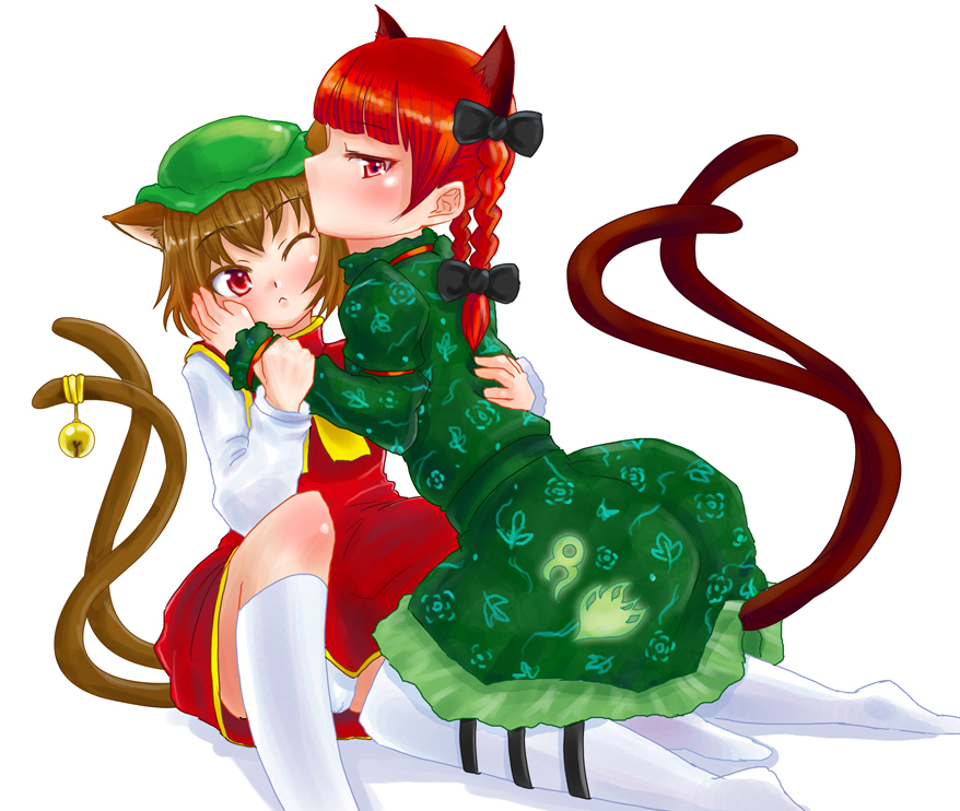dorogumi, chen, kaenbyou rin, touhou, 2girls, :<, animal ears, bell, blush, bow, braid, brown hair, cameltoe, cat ears, cat girl, cat tail, dress, female focus, hair bow, hair ribbon, hat, hug, jingle bell, kneehighs, kneeling, multiple girls, multiple tails, no mouth, one eye closed, panties, pantyshot, profile, red eyes, red hair, ribbon, short hair, sitting, socks, tail, tail bell, tail ornament, thighhighs, twin braids, twintails, underwear, white background, white panties, wince, wink