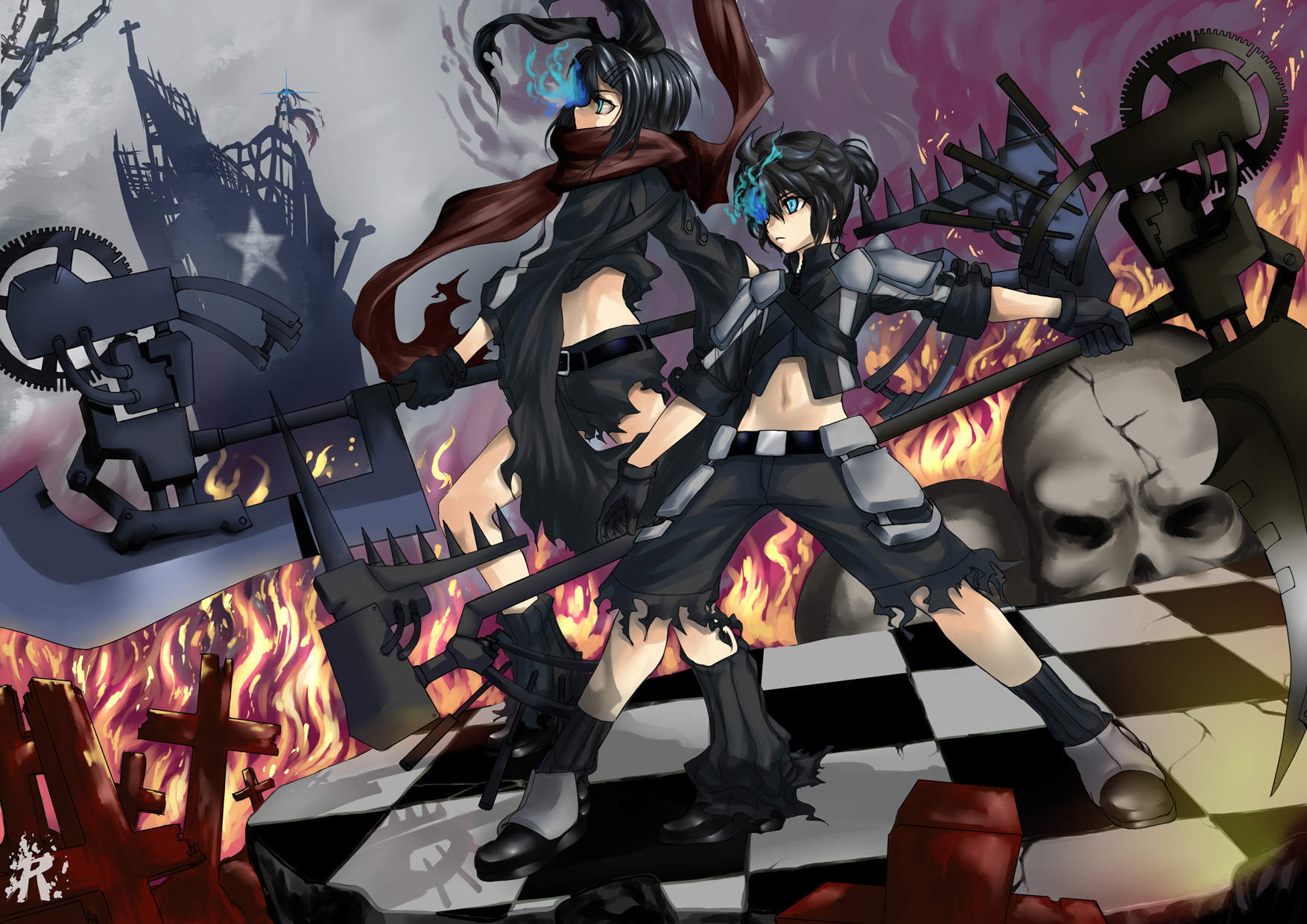 realmbw, black rock shooter (character), kagamine len, kagamine rin, black rock shooter, vocaloid, highres, black hair, black rock shooter (cosplay), blue eyes, checkered floor, cosplay, fire, glowing, glowing eyes, midriff, parody, polearm, ruins, scarf, scythe, shorts, skull, star (symbol), weapon