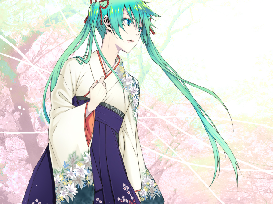 chimachi, hatsune miku, vocaloid, bad id, bad pixiv id, aqua eyes, aqua hair, cherry blossoms, japanese clothes, kimono, long hair, solo, twintails