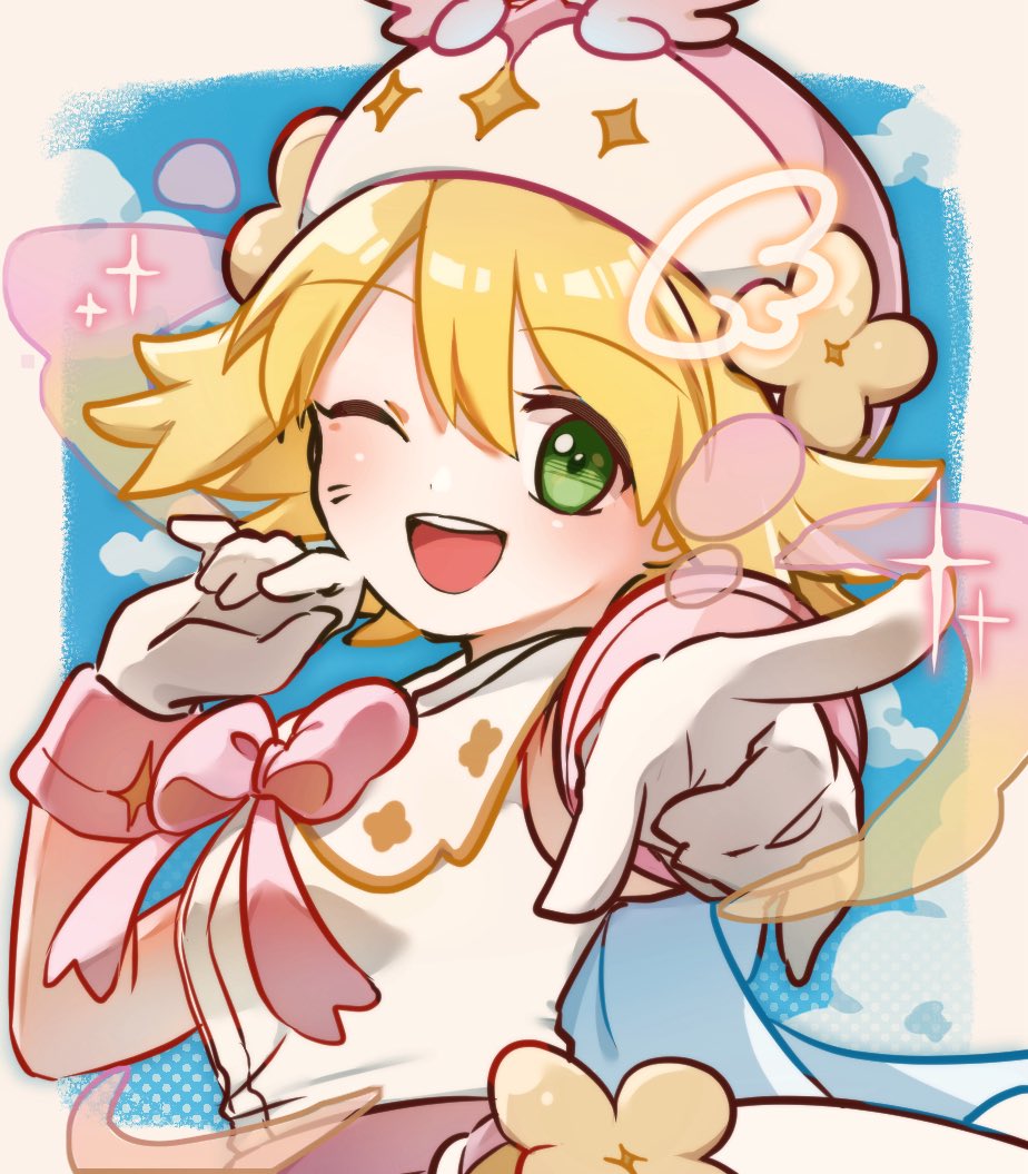lealea5656, amitie (puyopuyo), puyopuyo, puyopuyo quest, commentary, 1girl, amitie (valkyrie) (puyopuyo), blonde hair, blue cape, blue sky, border, bow, cape, cloud, drawn wings, dress, flower, gloves, green eyes, hand up, hat, one eye closed, open mouth, outside border, pink bow, pink hat, pointing, pointing at viewer, short hair, sky, smile, solo, sparkle, upper body, white border, white dress, white gloves, yellow flower