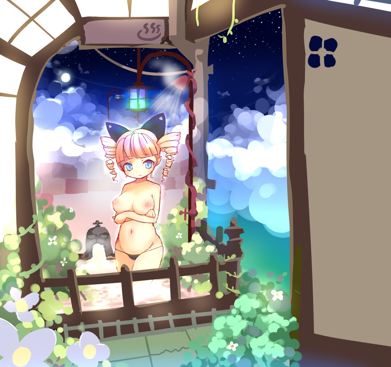 prnt, highres, animal ears, bath, breasts, crossed arms, drill hair, flower, large breasts, lowleg, lowleg panties, nipples, onsen, panties, plump, solo, topless female, underwear, underwear only