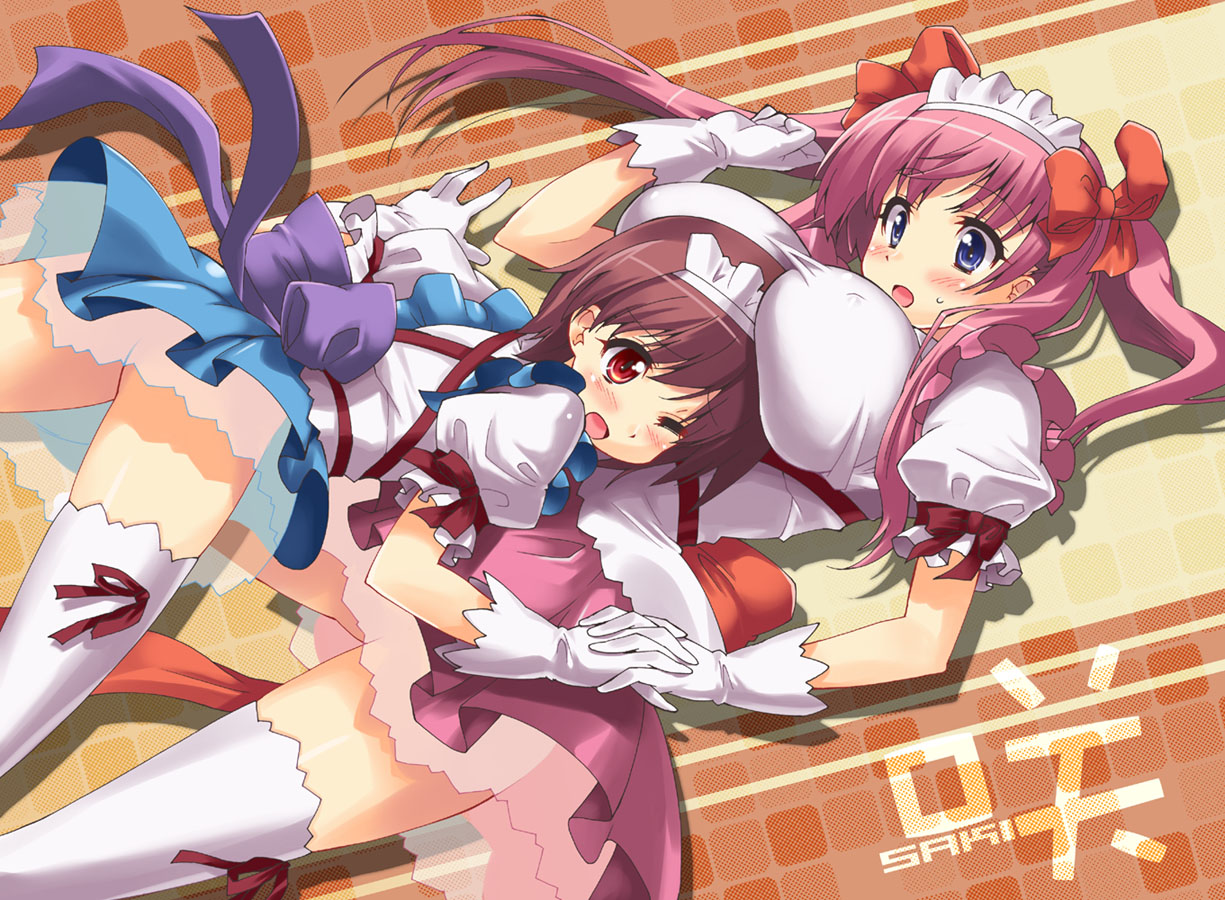 shinozuka atsuto, haramura nodoka, miyanaga saki, saki (manga), 00s, alternate costume, ass, blue eyes, blush, breasts, brown hair, gloves, head bump, holding hands, huge breasts, injury, long hair, maid, pink hair, red eyes, thighhighs, white thighhighs