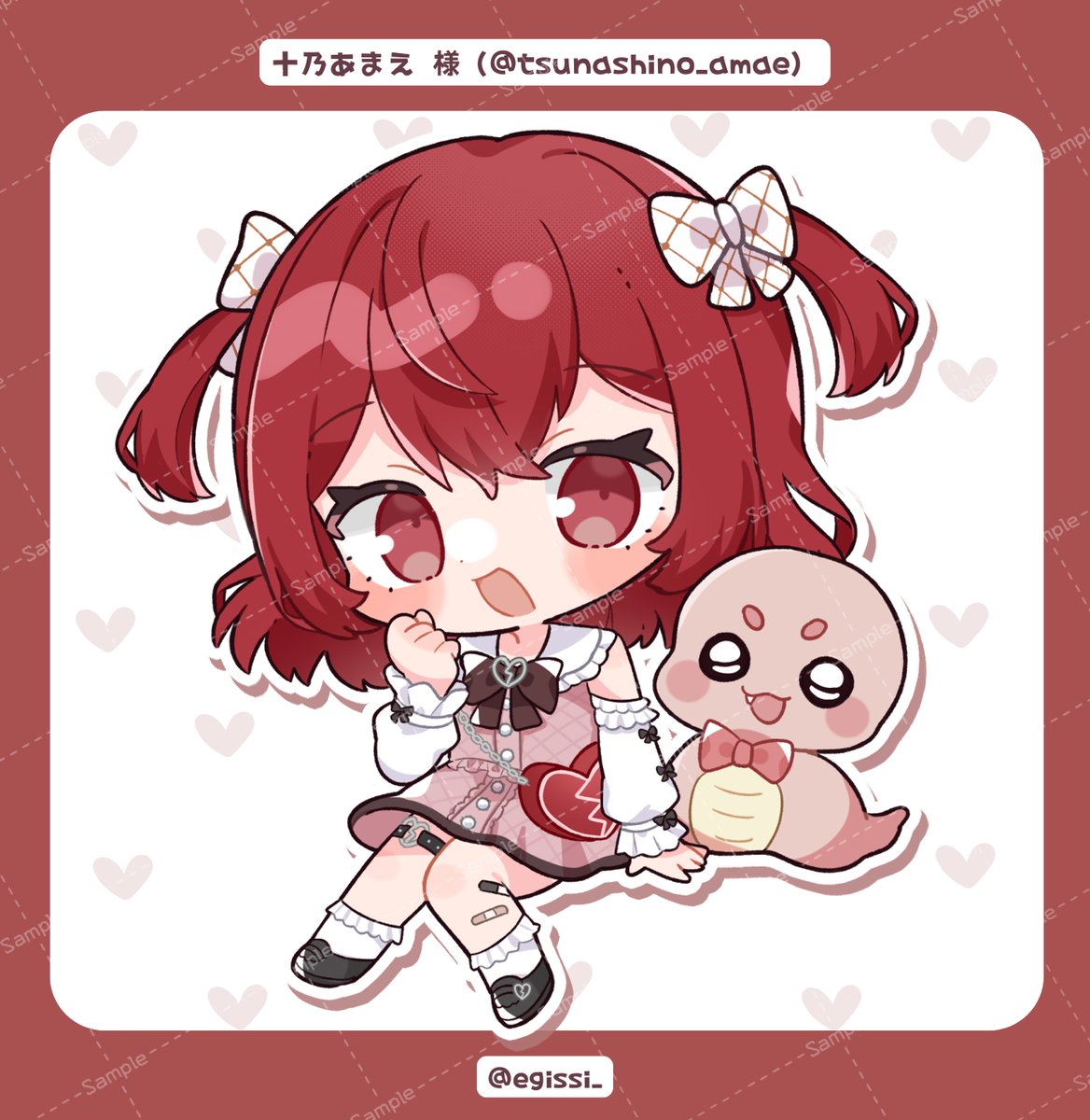 indie virtual youtuber, commentary request, highres, 1girl, :d, bandaid, bandaid on leg, bare shoulders, black bow, black bowtie, black shoes, blush stickers, border, bow, bowtie, buttons, character name, chibi, chibi only, detached sleeves, dress, drop shadow, egissi, frilled sailor collar, frilled sleeves, frilled socks, frills, full body, hand up, long sleeves, looking at viewer, open mouth, outline, pink dress, red border, red hair, sailor collar, sailor dress, sample watermark, shoes, short hair, sitting, sleeveless, sleeveless dress, smile, socks, solo, tsunashino amae, twitter username, two side up, virtual youtuber, watermark, watermark grid, white background, white bow, white outline, white sleeves