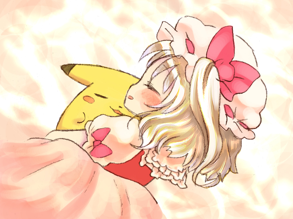 rias-shiki kawaii, flandre scarlet, pikachu, nintendo, pokemon, touhou, bad id, bad pixiv id, 1girl, blonde hair, blush, female focus, gen 1 pokemon, hat, hug, lying, pokemon (creature), short hair, sleeping