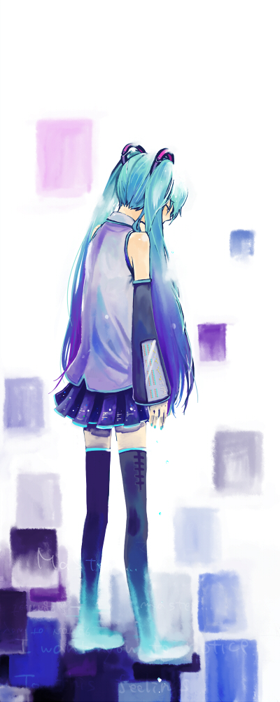 ichinashi, hatsune miku, vocaloid, bad id, bad pixiv id, blue hair, detached sleeves, long hair, sad, skirt, solo, tears, thighhighs, twintails, zettai ryouiki