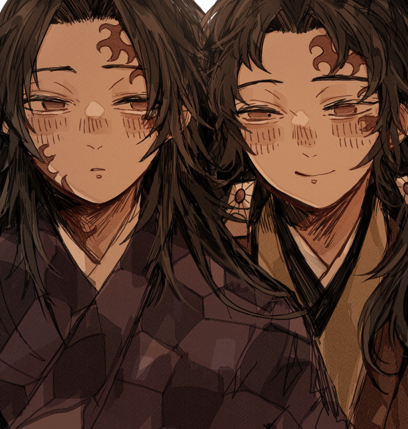 tsugikuni michikatsu, tsugikuni yoriichi, kimetsu no yaiba, highres, 2boys, black hair, closed mouth, earrings, empty eyes, hanafuda earrings, haori, high ponytail, japanese clothes, jewelry, kimono, long hair, looking to the side, male focus, multiple boys, parted lips, ponytail, purple kimono, red eyes, red haori, red tattoo, simple background, smile, spiked hair, upper body, white background, yakitorisan09, yellow kimono