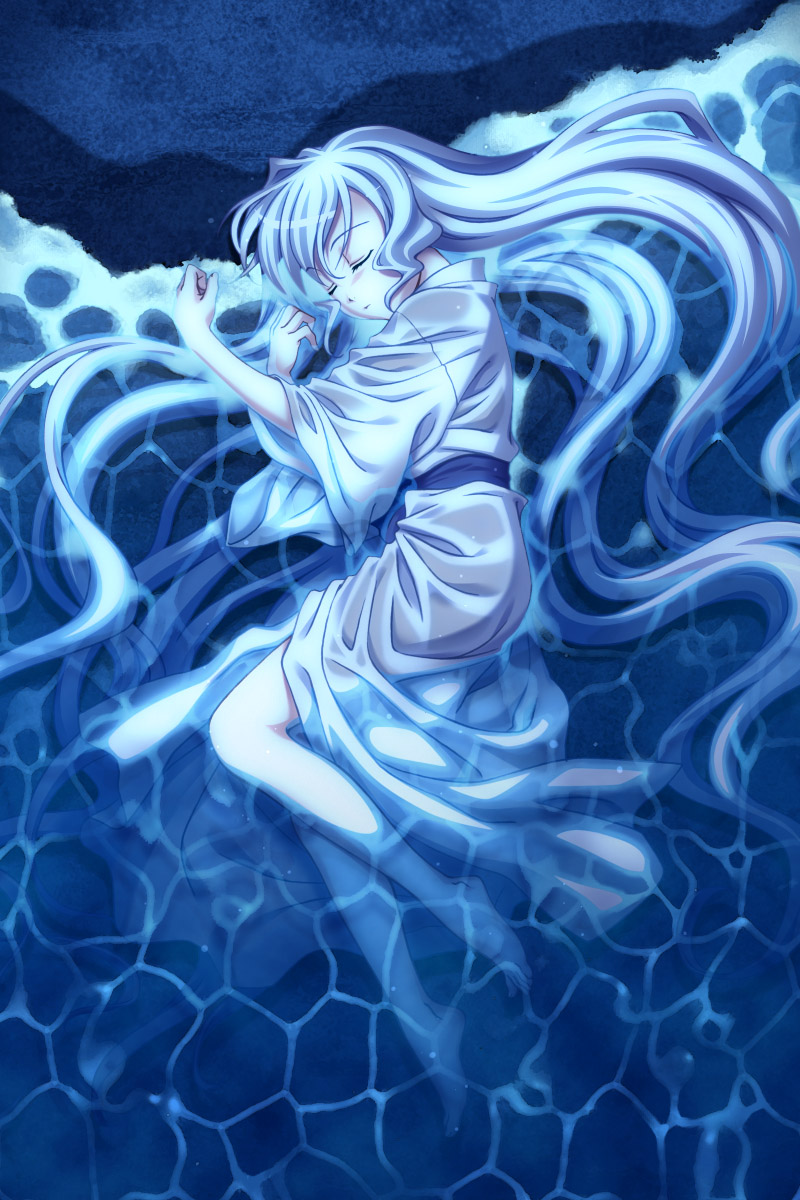 nami (aoi shiro), aoi shiro, game cg, highres, 1girl, aoishiro, barefoot, feet, female focus, japanese clothes, kimono, long hair, nami (aoishiro), sleeping, solo, very long hair, water, wet, white hair, yukata