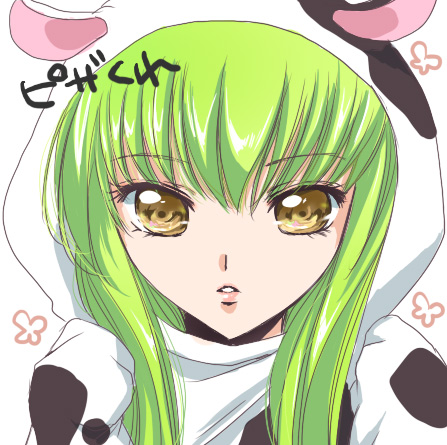 akina tsukako, c.c., code geass, lowres, translated, 00s, 1girl, akeome, animal costume, animal print, cow costume, cow print, female focus, green hair, happy new year, new year, solo, yellow eyes