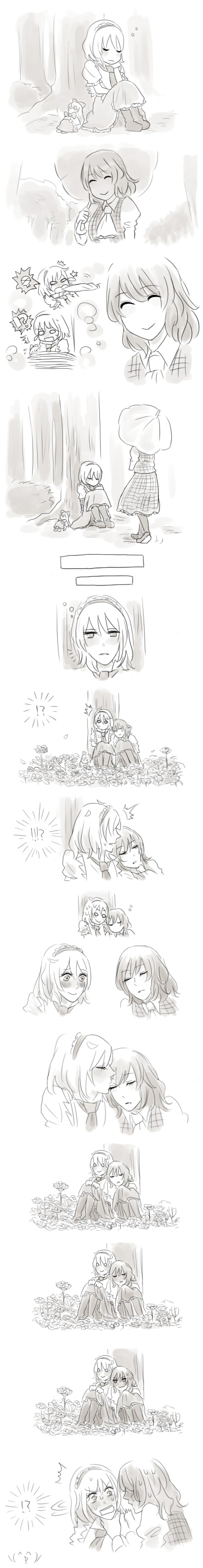 mebaru to tonari, alice margatroid, kazami yuuka, shanghai doll, touhou, absurdres, bad id, bad pixiv id, highres, long image, tall image, !?, (^o^)/, 2girls, ^^^, ^ ^, ^q^, against tree, blush, closed eyes, comic, doll, female focus, flower, grabbing another's chin, greyscale, hairband, hand on another's chin, head on another's shoulder, kiss, long hair, monochrome, multiple girls, o o, plaid clothes, plaid vest, short hair, silent comic, sleeping, tree, umbrella, vest, yuri