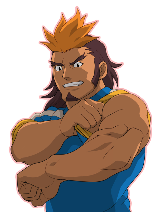 yamamiya hiroshi, hijikata raiden, inazuma eleven, inazuma eleven (series), commentary, 1boy, bara, black eyes, brown hair, facial hair, goatee, male focus, medium hair, multicolored hair, muscular, muscular male, orange hair, sideburns, simple background, solo, streaked hair, thick arms, two-tone hair, upper body, white background