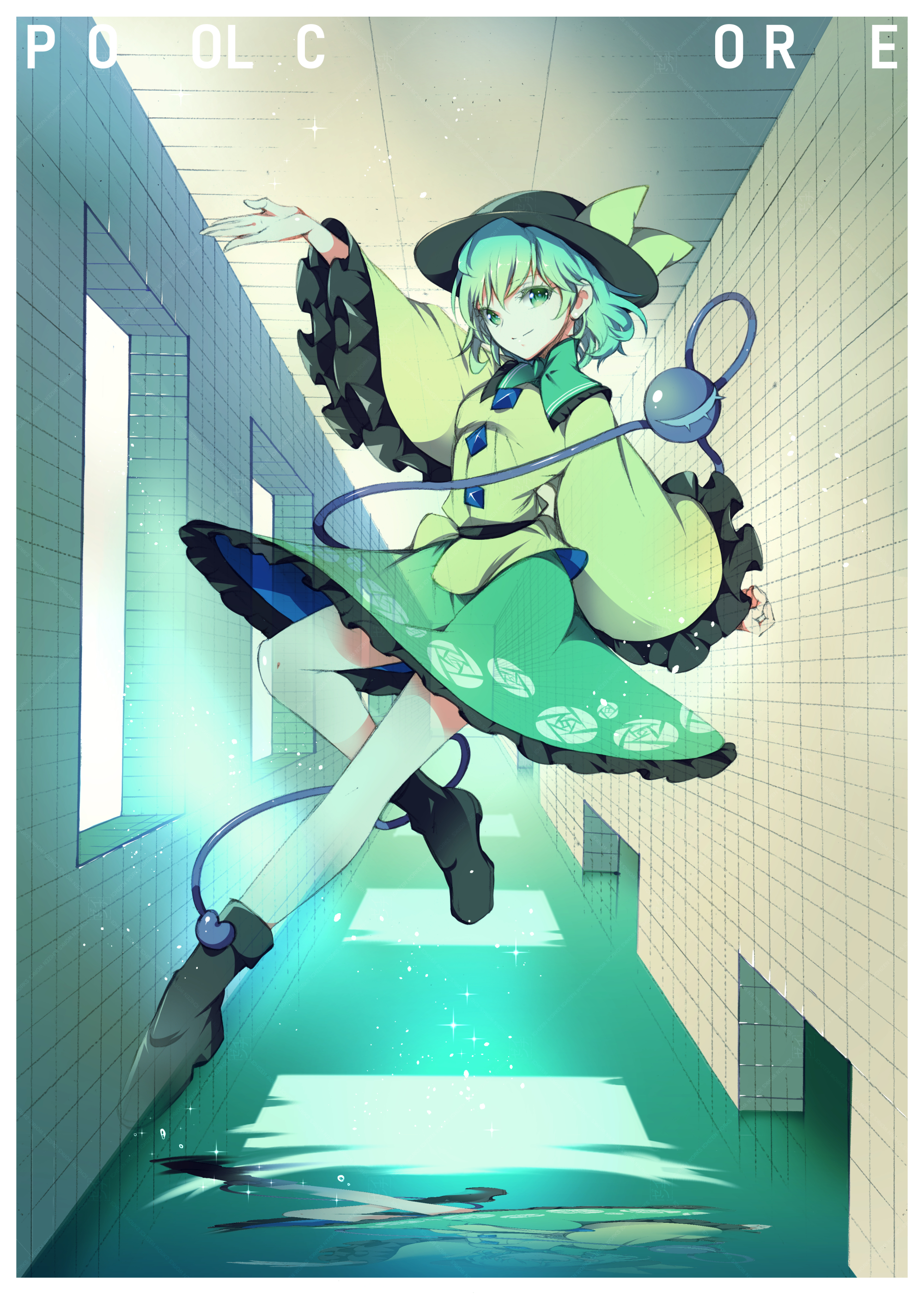 ichizen (o tori), komeiji koishi, touhou, absurdres, highres, 1girl, black hat, blouse, blush, bow, buttons, diamond button, eyeball, floral print, frilled shirt collar, frilled sleeves, frills, green eyes, green hair, green skirt, hat, hat bow, hat ribbon, heart, heart of string, indoors, long sleeves, looking at viewer, open mouth, pool, ribbon, rose print, shirt, short hair, skirt, smile, solo, third eye, wide sleeves, yellow bow, yellow ribbon, yellow shirt