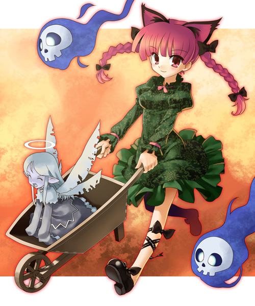 katahira masashi, kaenbyou rin, zombie fairy (touhou), touhou, 2girls, animal ears, braid, cat ears, cat girl, female focus, gothic lolita, halo, lolita fashion, multiple girls, red eyes, red hair, ribbon, sitting, skull, twin braids, wheelbarrow, wings