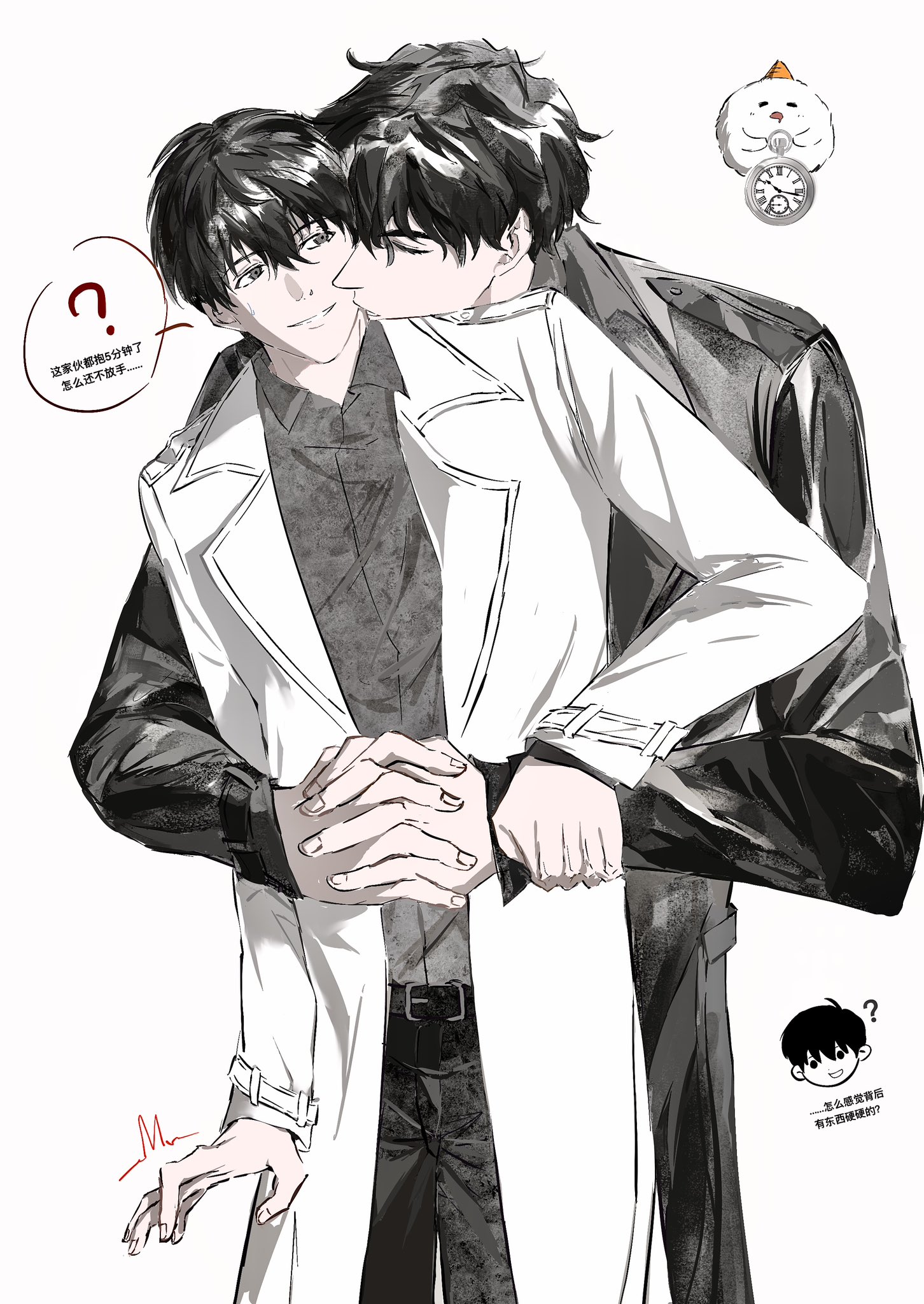 biyoo (omniscient reader's viewpoint), kim dokja, yoo joonghyuk, omniscient reader's viewpoint, highres, translation request, 2boys, 8d2suga9, arm around waist, black coat, black hair, black shirt, chinese text, coat, collared shirt, cowboy shot, doodle inset, face-to-face, hand on another's wrist, hug, hug from behind, large hands, looking at another, male focus, motion lines, multiple boys, open clothes, open coat, popped collar, shirt, short hair, white coat, yaoi
