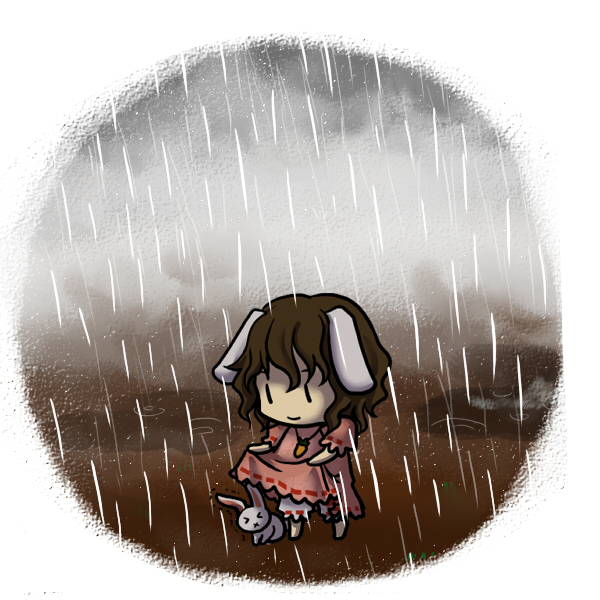 socha, inaba tewi, touhou, > <, 1girl, animal ears, brown hair, chibi, closed eyes, clothes lift, female focus, puddle, rabbit, rabbit ears, rain, short hair, simple background, skirt, skirt lift, solo, trembling, x mouth, | |