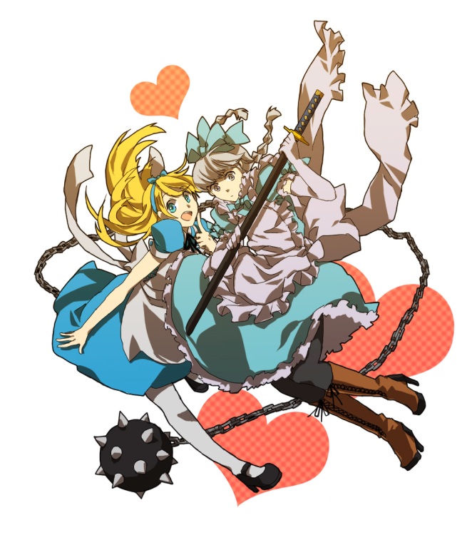 hashi, hashiko (pecopom), alice (alice in wonderland), kuma (persona 4), narukami yu, alice's adventures in wonderland, atlus, persona, persona 4, bad id, bad pixiv id, 2boys, alice (alice in wonderland) (cosplay), apron, ball and chain (weapon), blonde hair, blue eyes, cosplay, crossdressing, crossdressing (mtf), flail, grey hair, mace, multiple boys, pantyhose, ribbon, sheath, sheathed, spiked ball and chain, sword, trap, weapon