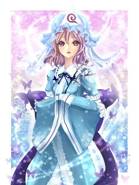 haou, saigyouji yuyuko, touhou, bad id, bad pixiv id, 1girl, bug, butterfly, dress, female focus, gradient background, hat, insect, pink eyes, pink hair, short hair, solo