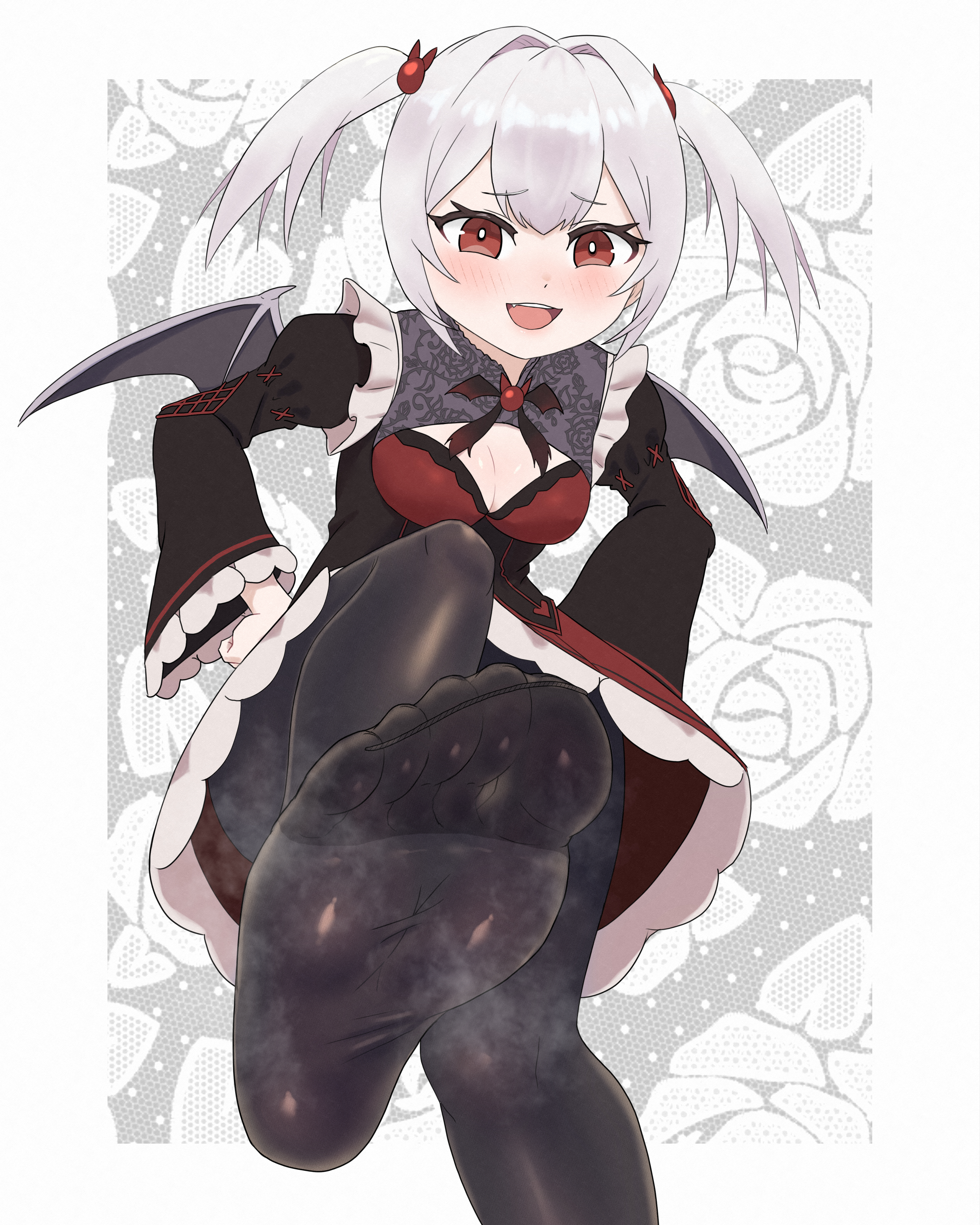 urin (littleurin), original, absurdres, highres, 1girl, blush, demon wings, feet, long hair, open mouth, pantyhose, red eyes, soles, steam, toes, twintails, white hair, wings
