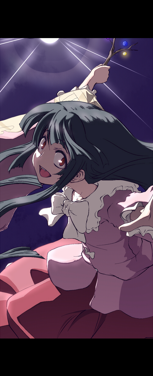 aya shachou, houraisan kaguya, touhou, bad id, bad pixiv id, highres, 1girl, black hair, bow, bowtie, branch, female focus, jeweled branch of hourai, letterboxed, long hair, red eyes, solo