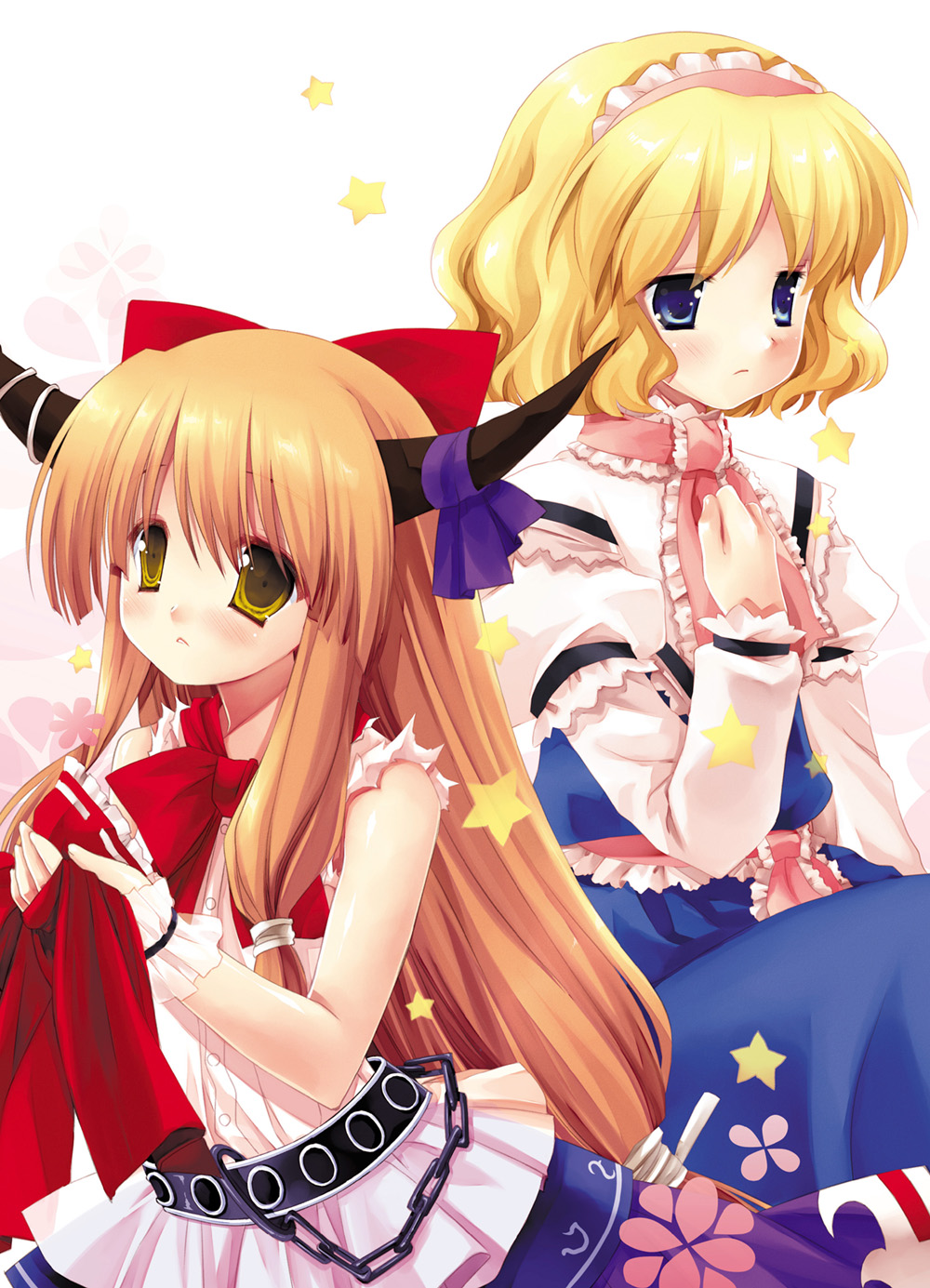 miyasu risa, alice margatroid, ibuki suika, touhou, highres, 2girls, blonde hair, blue eyes, female focus, hairband, horns, long hair, multiple girls, orange hair, short hair, standing, white background, wrist cuffs, yellow eyes