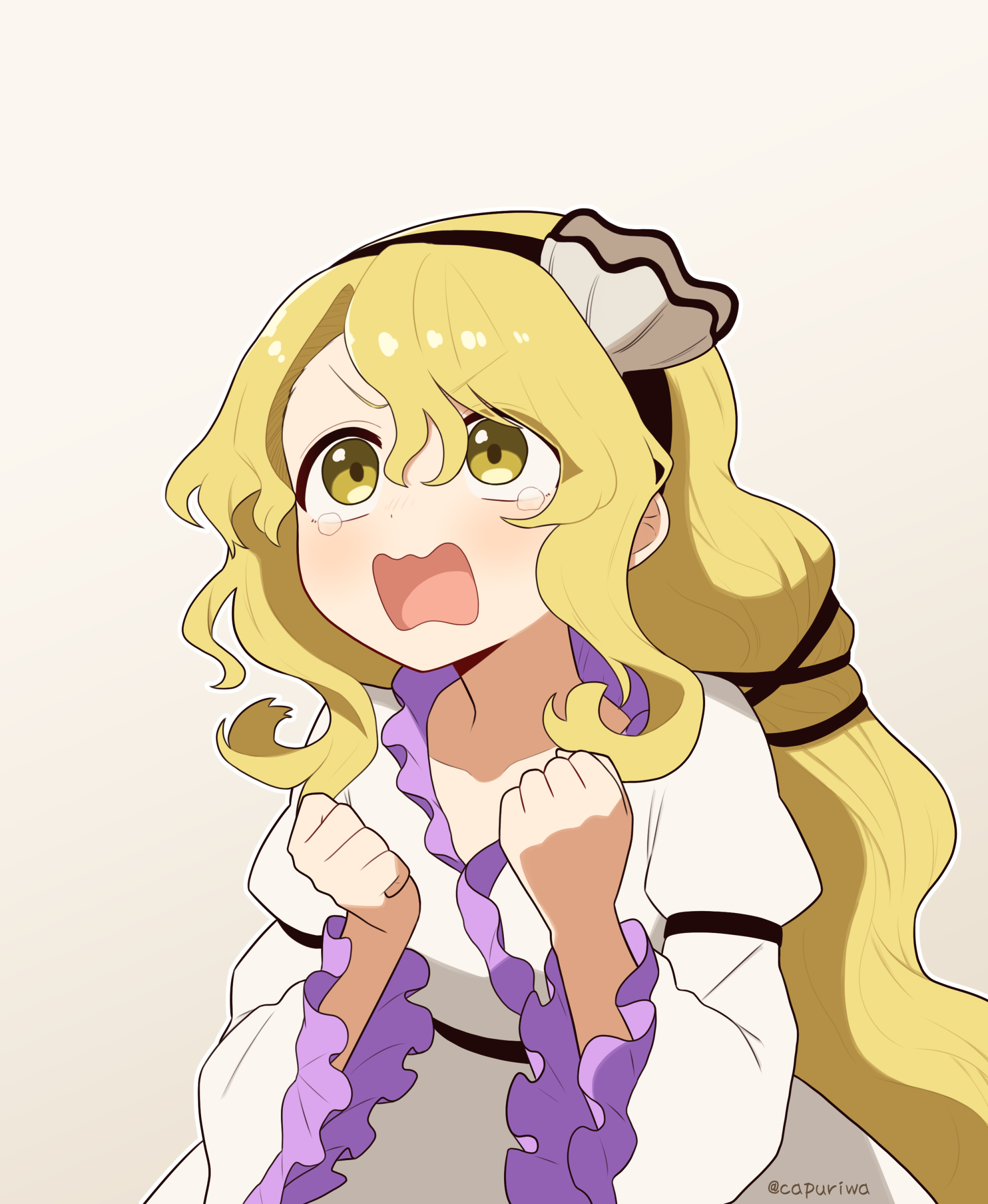 kapuri (capuriwa), watari nina, touhou, absurdres, commentary, highres, textless version, 1girl, black hairband, blonde hair, clenched hands, dress, frilled dress, frilled sleeves, frills, hair ornament, hairband, long hair, long sleeves, open mouth, shell, shell hair ornament, solo, tearing up, twitter username, very long hair, white dress, wide sleeves, yellow eyes