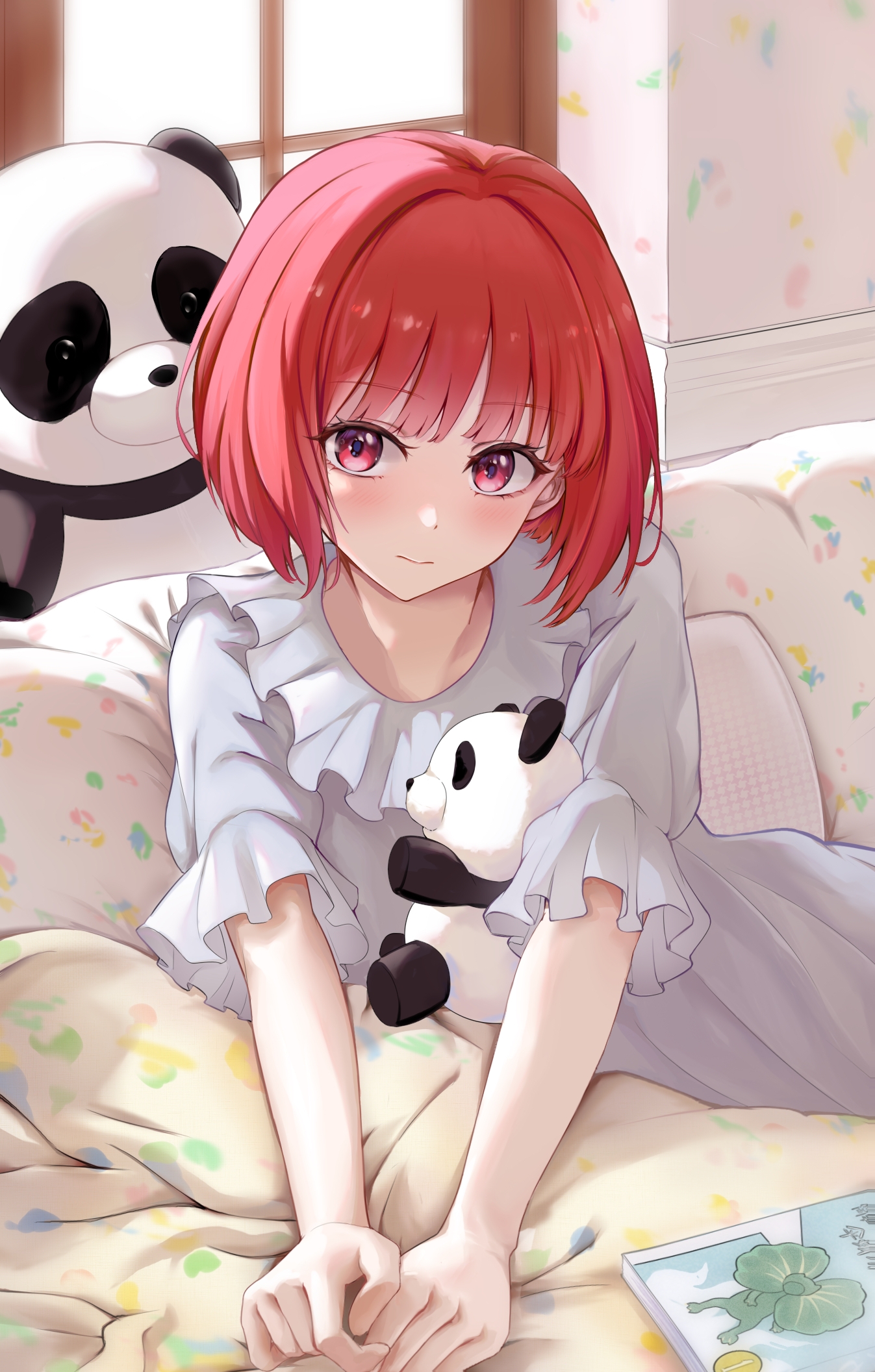shubun (user gxsx8757), arima kana, oshi no ko, chinese commentary, commentary request, highres, 1girl, 3:, alternate costume, backlighting, blunt bangs, blush, clenched hands, closed mouth, couch, dress, eyelashes, frilled sleeves, frills, frown, grey dress, grey pajamas, indoors, looking at viewer, medium hair, on couch, pajamas, red eyes, red hair, short sleeves, solo, straight hair, stuffed animal, stuffed panda, stuffed toy, upper body, v arms, window