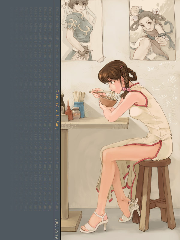 tennohi, chun-li, lei fang, li xiangfei, capcom, dead or alive, fatal fury, snk, street fighter, tecmo, the king of fighters, 1girl, braid, braided hair rings, cameo, character name, china dress, chinese clothes, crossover, dress, eating, feet, female focus, food, hair rings, high heel sandals, high heels, long legs, look-alike, noodles, open shoes, pantyhose, pelvic curtain, poster (object), sandals, shoe dangle, shoeplay, shoes, side slit, slice of life, solo, table