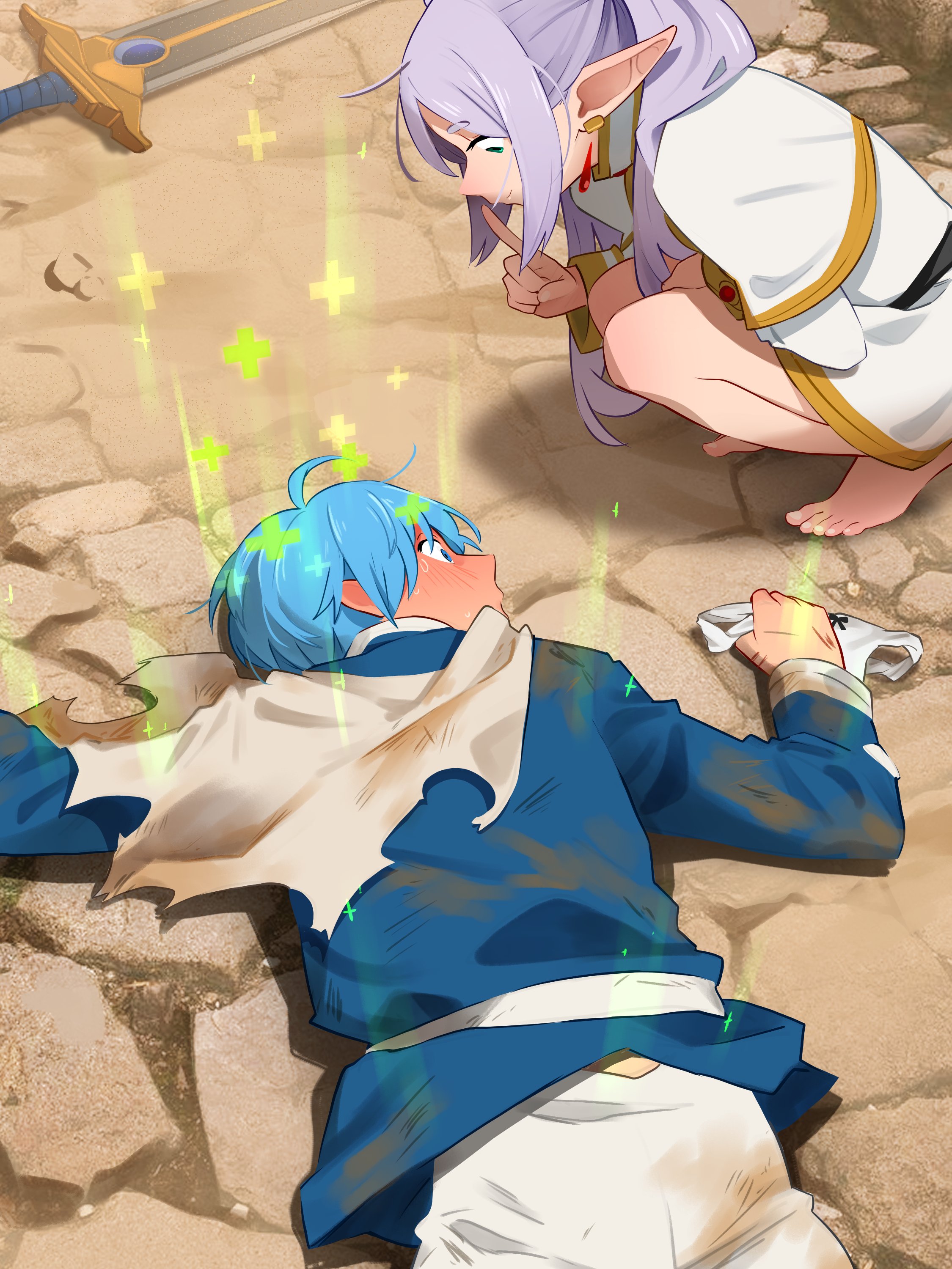 khyle., frieren, himmel (sousou no frieren), sousou no frieren, absurdres, commentary, english commentary, highres, 1boy, 1girl, ahoge, barefoot, belt, blue eyes, blue hair, blue shirt, blush, capelet, dirty, dirty clothes, earrings, elf, finger to mouth, green eyes, healing, holding, holding panties, holding underwear, holding unworn clothes, index finger raised, jewelry, long hair, long sleeves, looking at another, lying, on ground, on stomach, panties, pants, pointy ears, shirt, shushing, skirt, squatting, sweat, sword, torn clothes, underwear, very long hair, weapon, white capelet, white panties, white pants, white skirt