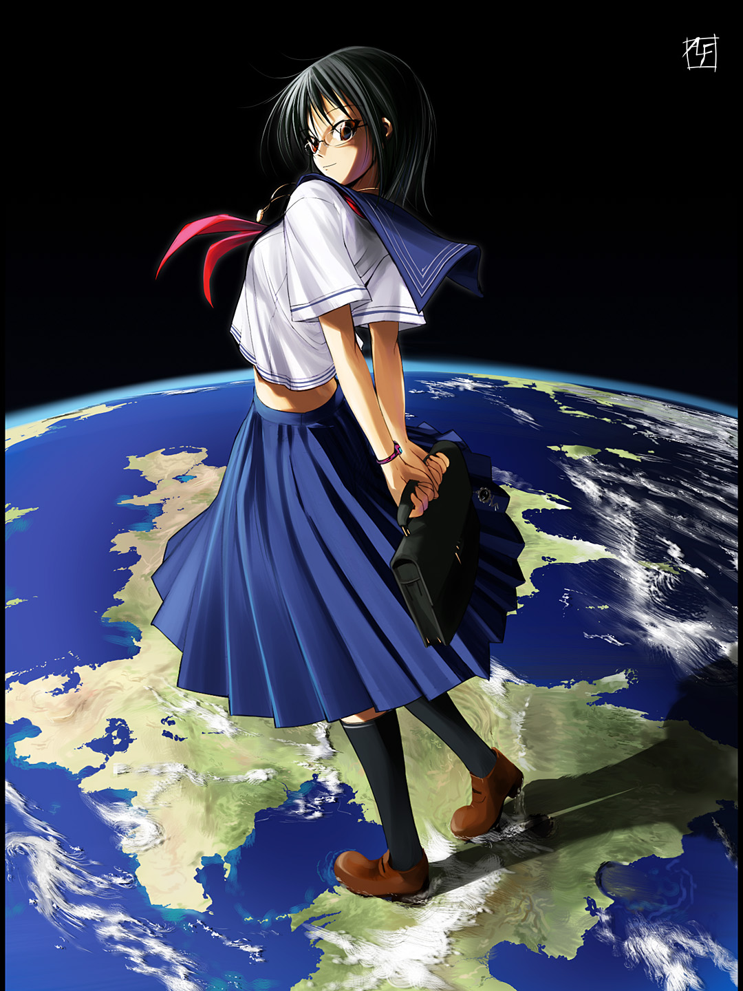 alf874, bad id, bad pixiv id, highres, bag, black hair, bow, earth (planet), giant, giantess, glasses, huge giantess, planet, school bag, school uniform, serafuku, shadow, smile, solo