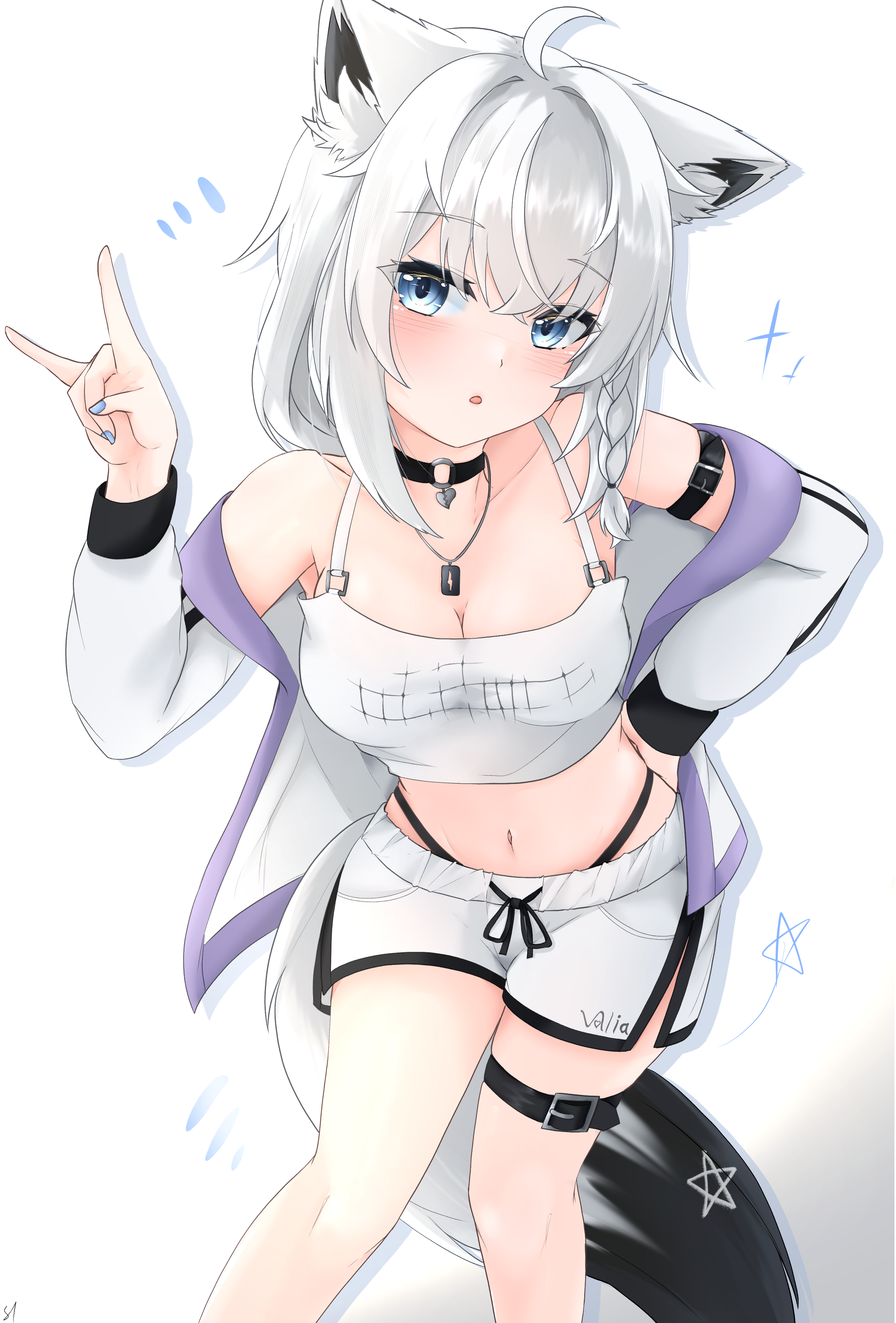 st-147, shirakami fubuki, hololive, original, absurdres, commentary request, highres, 1girl, ahoge, animal ear fluff, animal ears, arm strap, black choker, black panties, blue eyes, blush, braid, breasts, choker, cleavage, crop top, earrings, fox ears, fox girl, fox shadow puppet, fox tail, hair between eyes, highleg, highleg panties, jacket, jewelry, long hair, looking at viewer, navel, necklace, open clothes, open jacket, open mouth, panties, pentagram, shirt, short shorts, shorts, sidelocks, simple background, single braid, small breasts, solo, tail, thigh strap, underwear, virtual youtuber, white background, white hair, white jacket, white shirt, white shorts