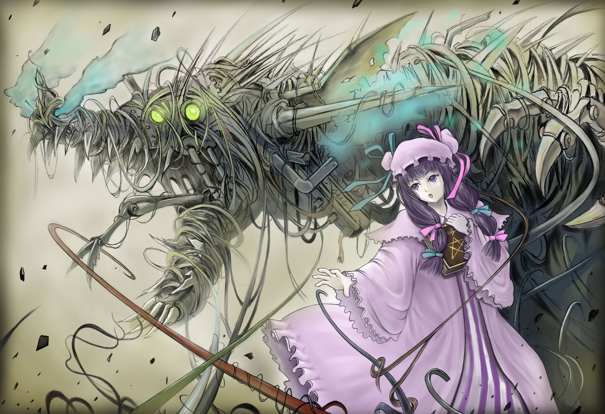 sai-go, patchouli knowledge, touhou, highres, 1girl, book, female focus, hat, long hair, pentagram, purple eyes, purple hair, solo, standing