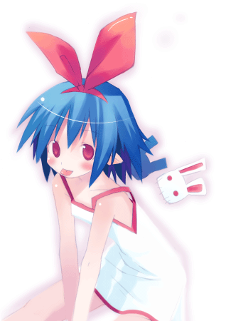 asami natsuhito, pleinair, usagi-san, disgaea, nippon ichi, archived source, lowres, :p, blue hair, blush, collarbone, dress, hairband, harada takehito (style), looking at viewer, medium hair, rabbit, red eyes, red hairband, red ribbon, red trim, ribbon, shoulder blush, simple background, sitting, solo focus, tongue, tongue out, white background, white dress