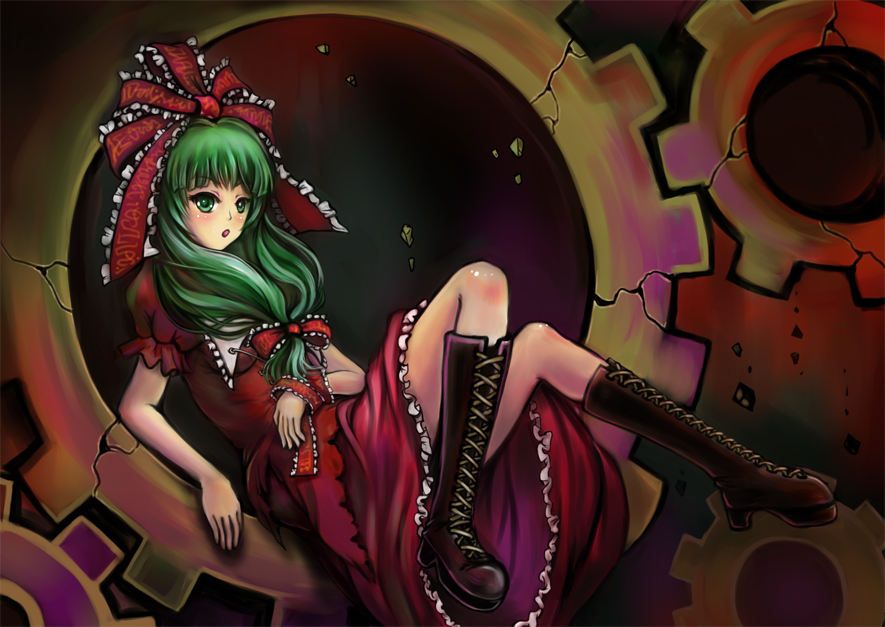 sai-go, kagiyama hina, touhou, bad id, bad pixiv id, 1girl, female focus, front ponytail, green eyes, green hair, hair ribbon, matching hair/eyes, ribbon, solo