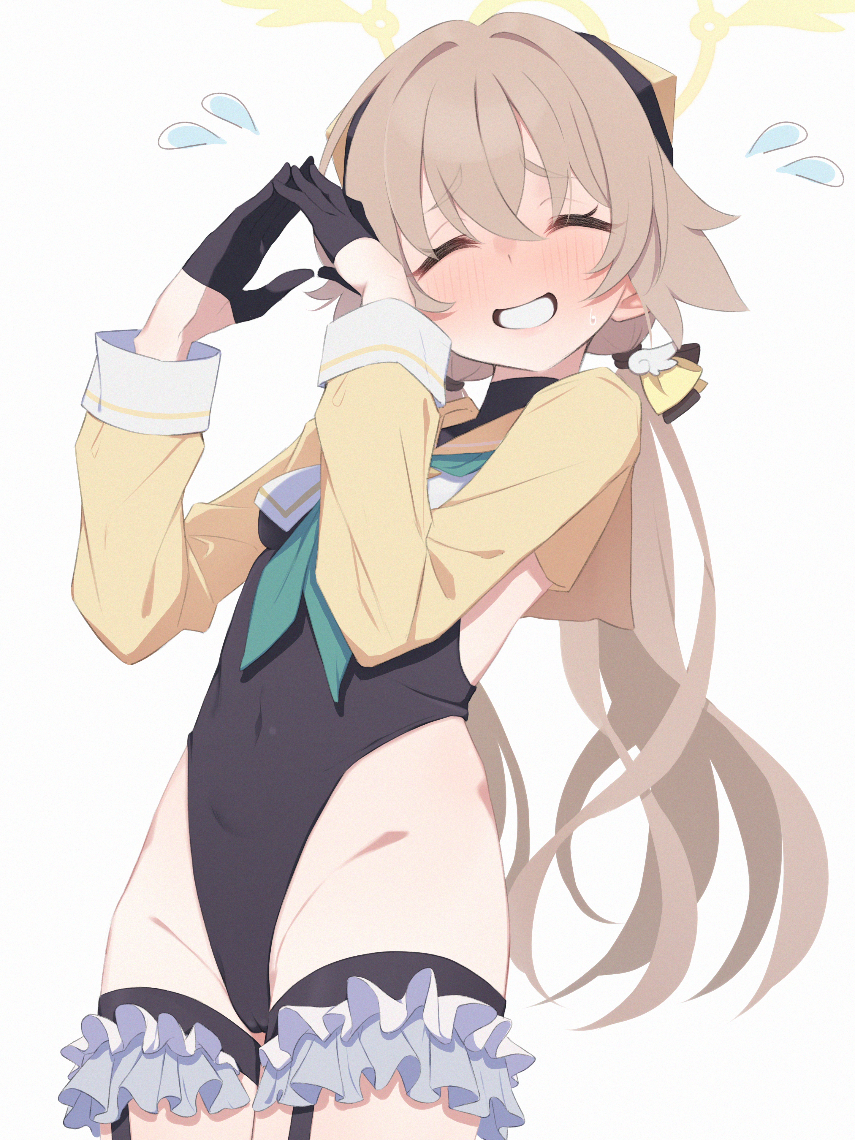 take mawile, hifumi (blue archive), shimiko (blue archive), shimiko (magical) (blue archive), blue archive, absurdres, highres, 1girl, black gloves, black leotard, blush, closed eyes, cosplay, gloves, halo, leotard, long hair, shimiko (blue archive) (cosplay), simple background, solo, twintails, white background