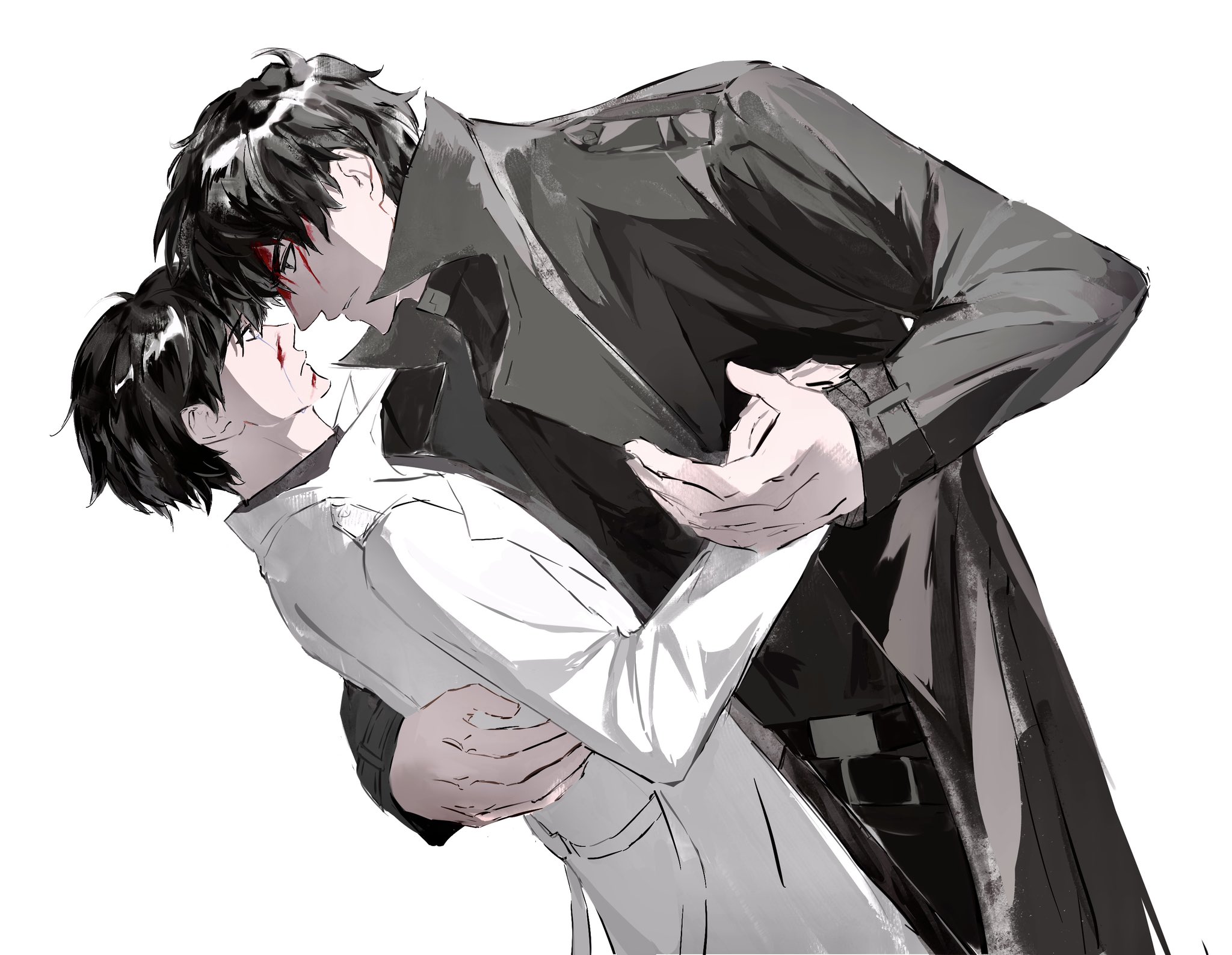 kim dokja, yoo joonghyuk, omniscient reader's viewpoint, highres, 2boys, 8d2suga9, black coat, black eyes, black hair, black shirt, blood, blood from forehead, blood on face, coat, cowboy shot, crying, crying with eyes open, dip (dance move), hand on another's back, holding hands, large hat, looking at another, male focus, multiple boys, open clothes, open coat, popped collar, shirt, short hair, tears, white coat, yaoi