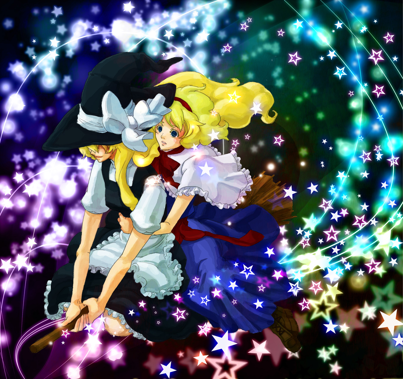 hiitan, misokko, alice margatroid, kirisame marisa, touhou, highres, 2girls, blonde hair, blue eyes, broom, broom riding, female focus, flying, hairband, hat, long hair, multiple girls, short hair, star (symbol), witch, witch hat