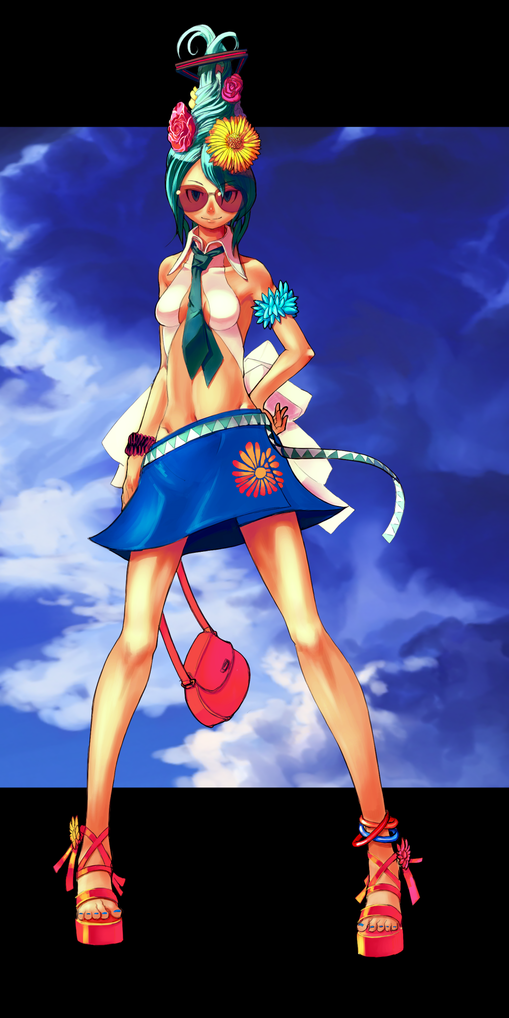 kansou samehada, hatsune miku, vocaloid, bad id, bad pixiv id, highres, alternate hairstyle, aqua hair, bag, glasses, handbag, necktie, skirt, solo