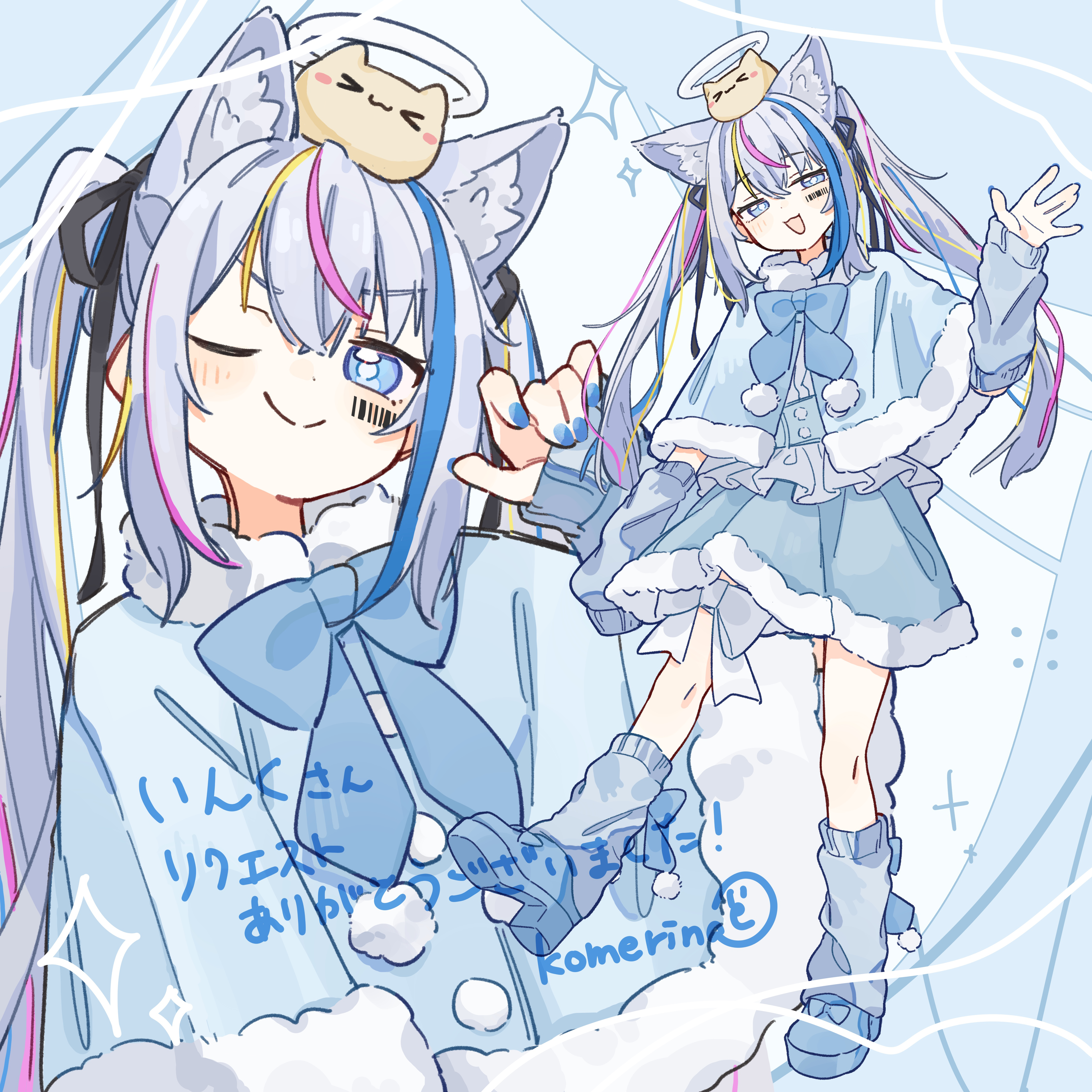 komerina, original, absurdres, commentary, commission, highres, translated, > <, 1girl, 1other, :3, :d, animal, animal ear fluff, animal ears, animal on head, arm warmers, artist name, barcode, black ribbon, blonde streaks, blue arm warmers, blue background, blue bow, blue bowtie, blue capelet, blue corset, blue eyes, blue nails, blue shoes, blue skirt, blue socks, blue streaks, blue theme, blush, bow, bowtie, bright pupils, capelet, cat, cat ears, cat girl, closed mouth, corset, dot nose, footwear bow, frilled shirt, frills, full body, fur-trimmed capelet, fur-trimmed skirt, fur trim, grey hair, hair between eyes, hair ribbon, halo, hand up, head tilt, kneehighs, long hair, looking at viewer, marking on cheek, miniskirt, multicolored hair, multiple views, nail polish, on head, one eye closed, open mouth, pink streaks, ribbon, shirt, shoes, sidelocks, signature, skirt, smile, socks, split mouth, standing, standing on one leg, star (symbol), streaked hair, thigh bow, twintails, upper body, v-shaped eyebrows, white bow, white halo, white shirt, winter clothes
