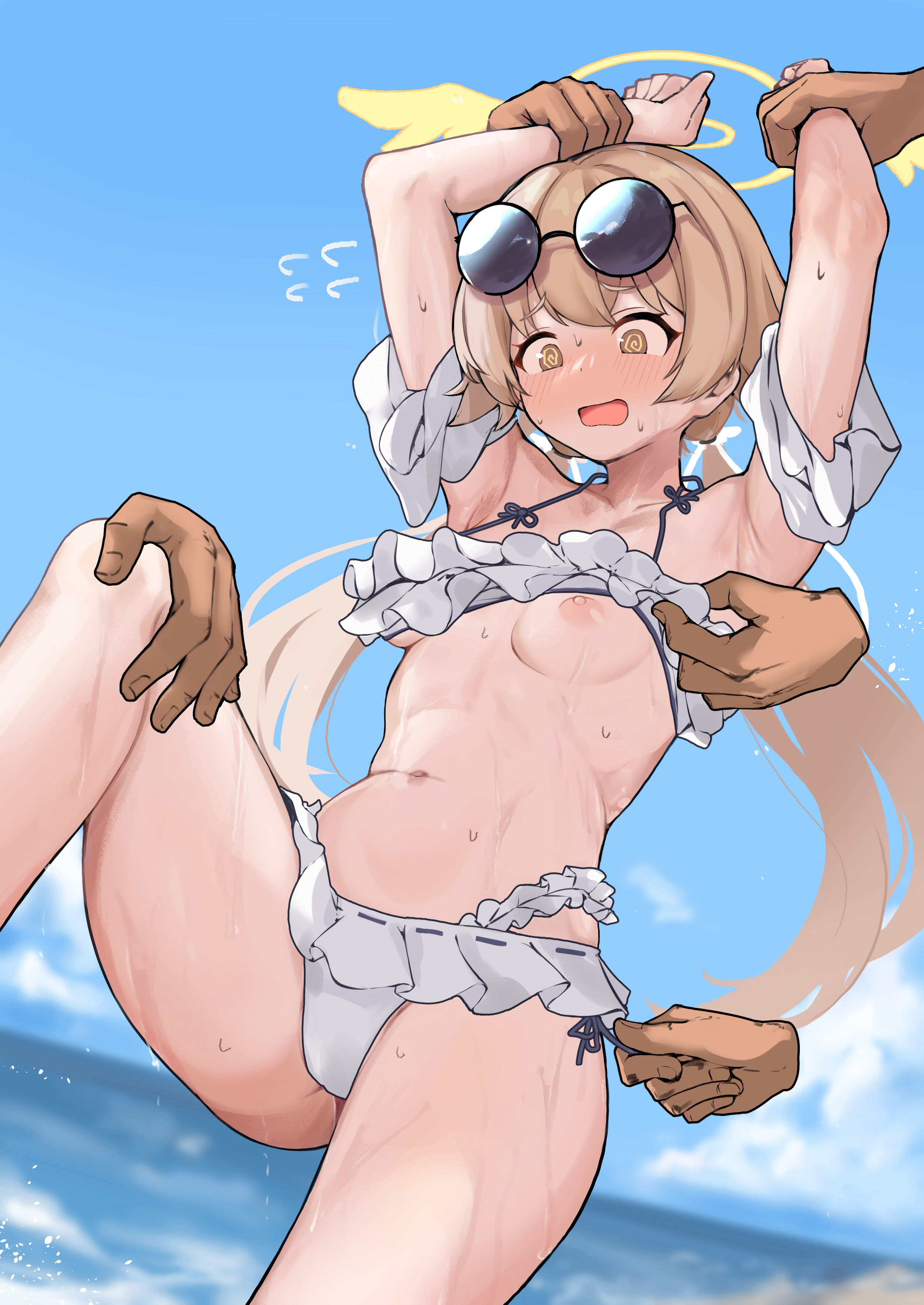 raldest, hifumi (blue archive), hifumi (swimsuit) (blue archive), blue archive, absurdres, commission, highres, skeb commission, variant set, 1girl, 3boys, @ @, armpits, arms up, bikini, bikini top lift, breasts, brown hair, clothes lift, detached sleeves, disembodied hand, eyewear on head, flying sweatdrops, halo, hetero, long hair, low twintails, multi-strapped bikini bottom, multiple boys, navel, nipples, official alternate costume, open mouth, outdoors, round eyewear, ruffle bikini, side-tie bikini bottom, small breasts, solo focus, sunglasses, swimsuit, twintails, white bikini, yellow eyes, yellow halo